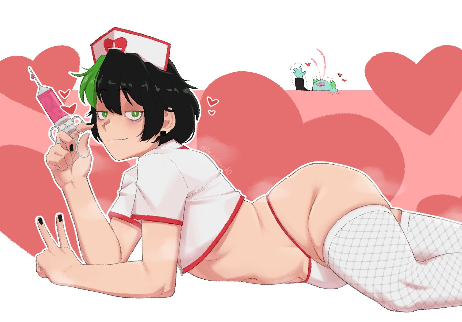 1boy, 1girls, black hair, black nails, bloody nose, dianne (le wizard0), fat ass, femboy, green body, green eyes, green hair, green skin, hat, heart, injection, le wizard0, le wizard0 (oc), needle, nude, nurse cap, nurse uniform, painted nails, partially clothed, simple background, two-tone body, white skin