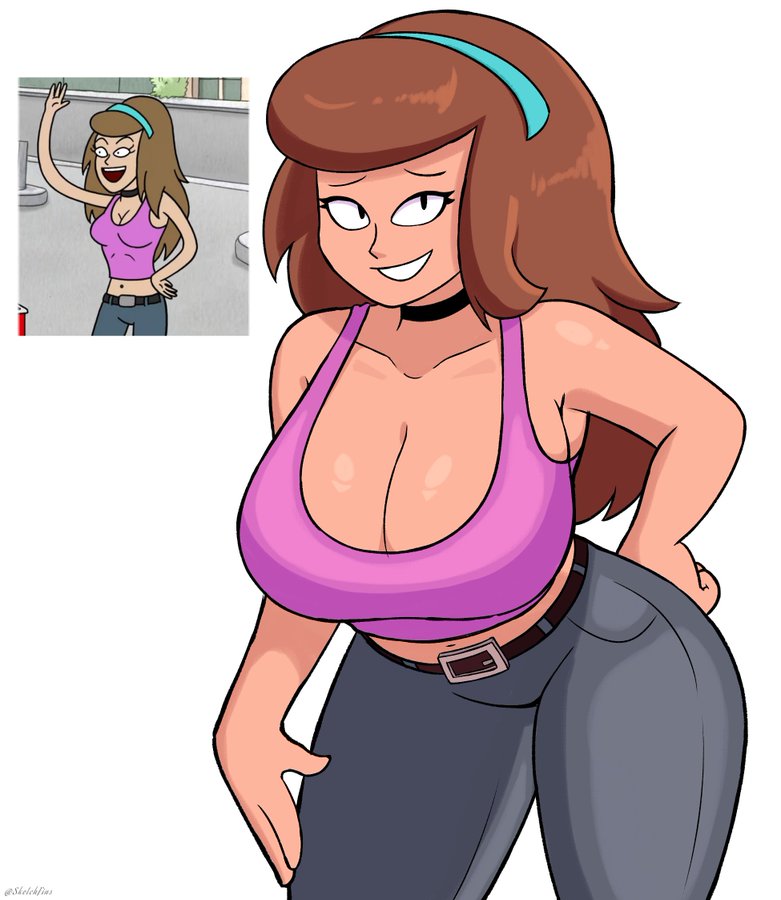 background character, belt, brown hair, busty, cartoon network, casandra (regular show), choker, cleavage, front view, hand on ass, hand on hip, jeans, midriff, reference image, regular show, sandals girl, sketchfins, smile, solo female, tank top, text, watermark