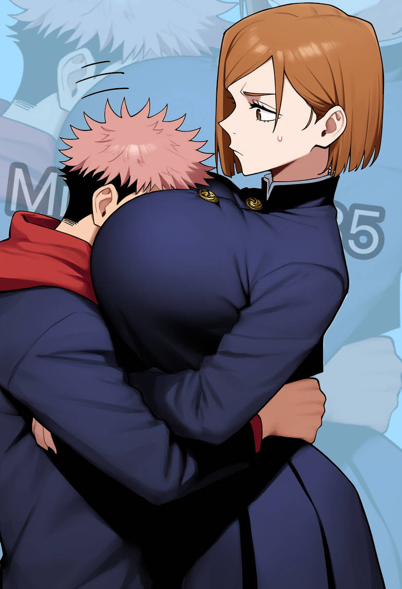 1boy, 1girls, ai generated, big ass, big breasts, bigger female, clothed, clothing, face between breasts, face in breasts, female focus, head between breasts, hug, huge breasts, hugging, itadori yuuji, jujutsu kaisen, kugisaki nobara, large breasts, larger female, milflover5335, shorter male, slim waist, smaller male, taller female, wide hips