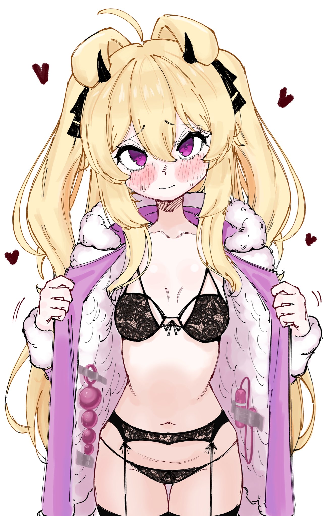 1girls, anal beads, animal ears, blonde hair, blush, bra, breasts, cerbervt, coat, dog ears, dog girl, female, froq, garter belt, garter straps, hair between eyes, hair ribbon, heart, highres, horns, horny, horny female, indie virtual youtuber, lingerie, lingerie under clothes, long hair, looking at viewer, navel, nervous, open clothes, open coat, panties, presenting, purple coat, purple eyes, ribbon, sex invitation, sex toy, sexually suggestive, small breasts, thighs, twintails, underwear, vibrator, virtual youtuber, vtuber, white background