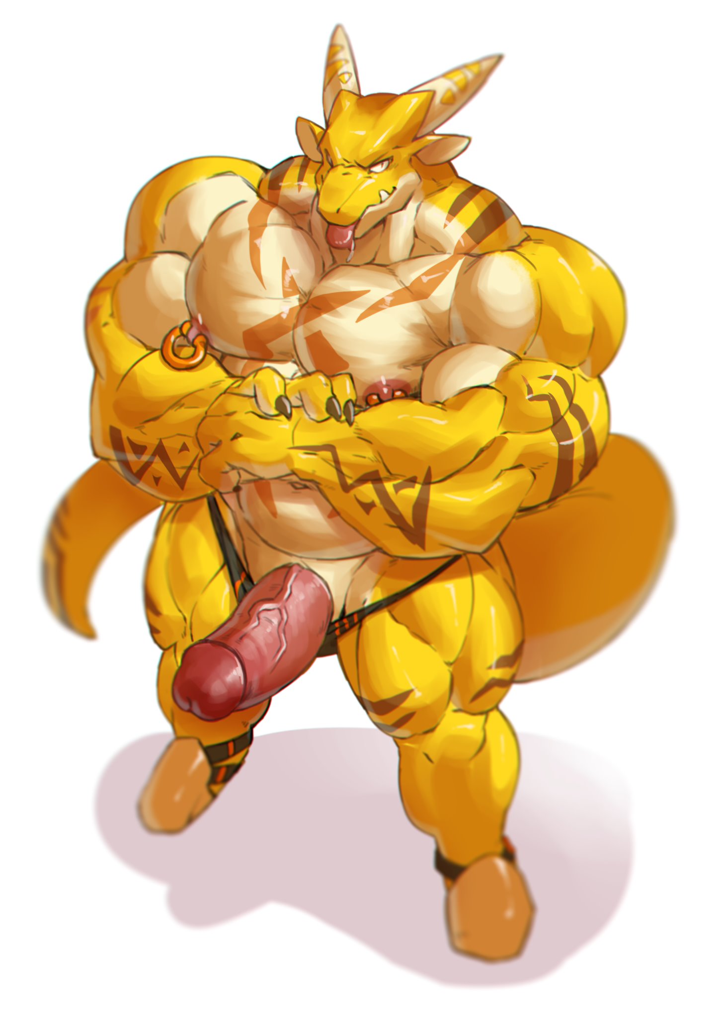 anthro dragon flexing genitals hi_res humanoid_genitalia humanoid_penis male male_only mostly_nude muscular nipple_piercing nipples penis piercing scalie solo vein veiny_penis vorusuarts vorusuarts_(character)