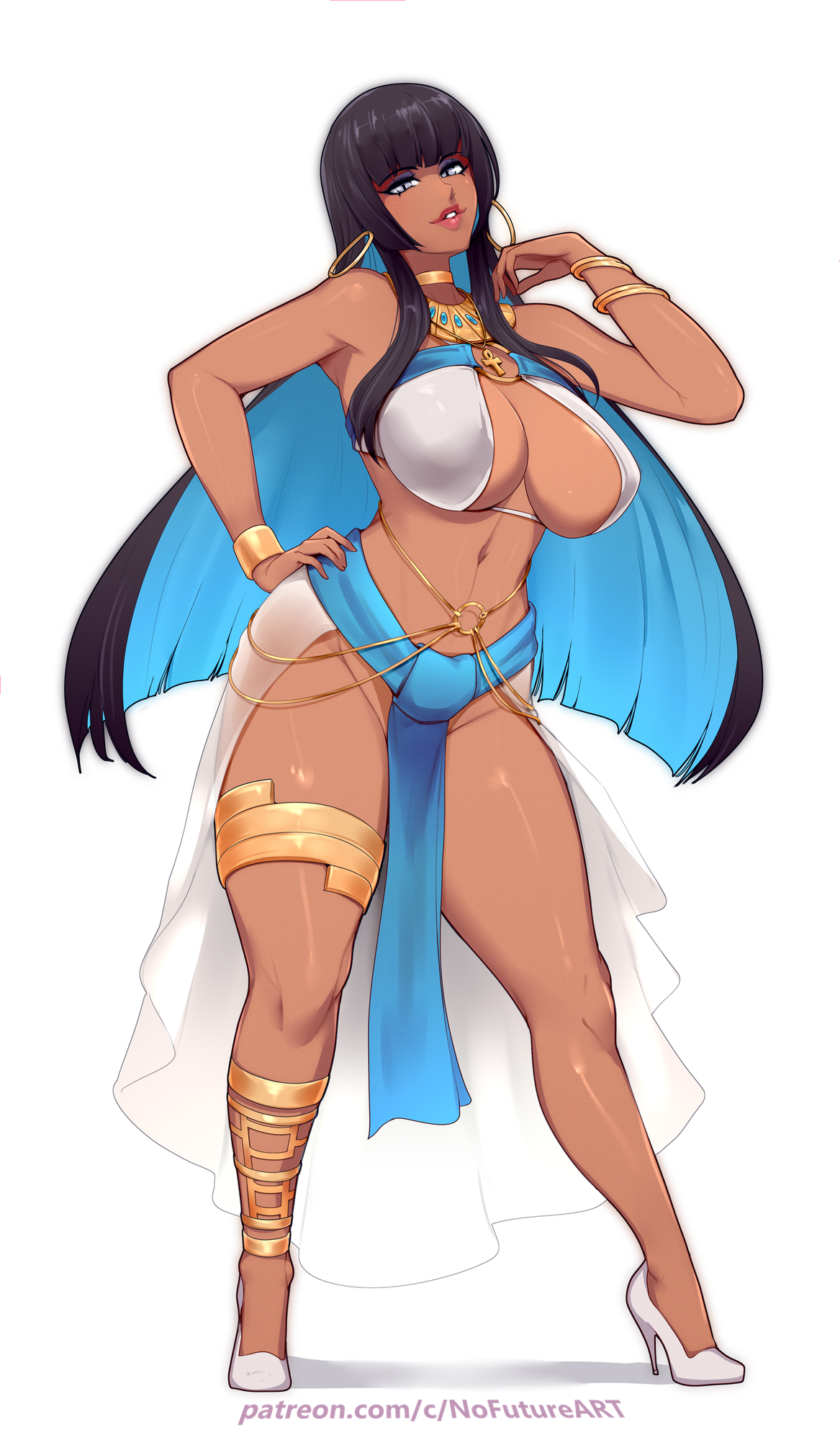 1girls, big breasts, black hair, blue hair, commission, dark skin, egyptian, egyptian female, female, female only, full body, hand on hip, heels, hi res, long hair, looking at viewer, nofuture, solo, thick thighs, two-tone hair, white background, white eyes, wide hips