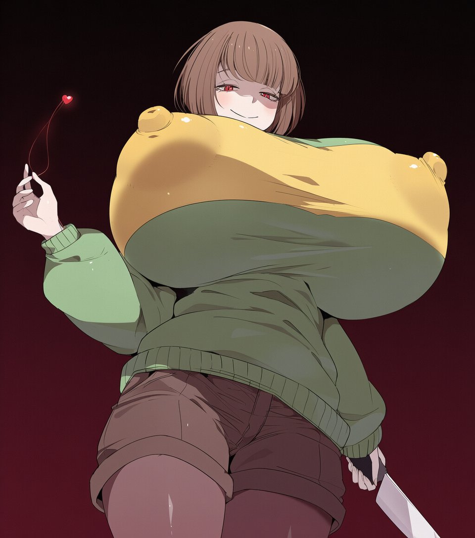 1girls, ai generated, big breasts, brown hair, chara, covered nipples, female chara, gigantic breasts, heart, holding, huge breasts, knife, looking at viewer, oh yuae, pantyhose, red eyes, short hair, shorts, smile, solo, sweater, thighs, undertale