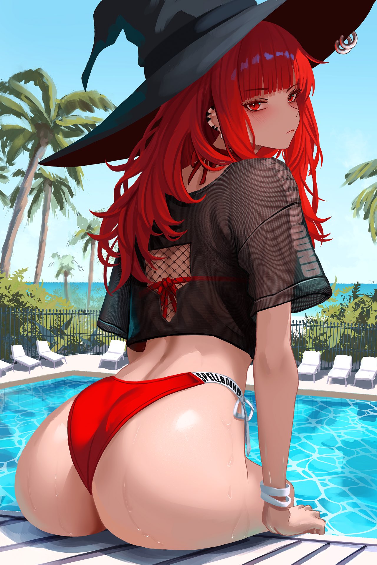 big butt, female, female only, looking at viewer, looking back, original character, poolside, red eyes, red hair, shiny skin, witch hat, yan kodiac