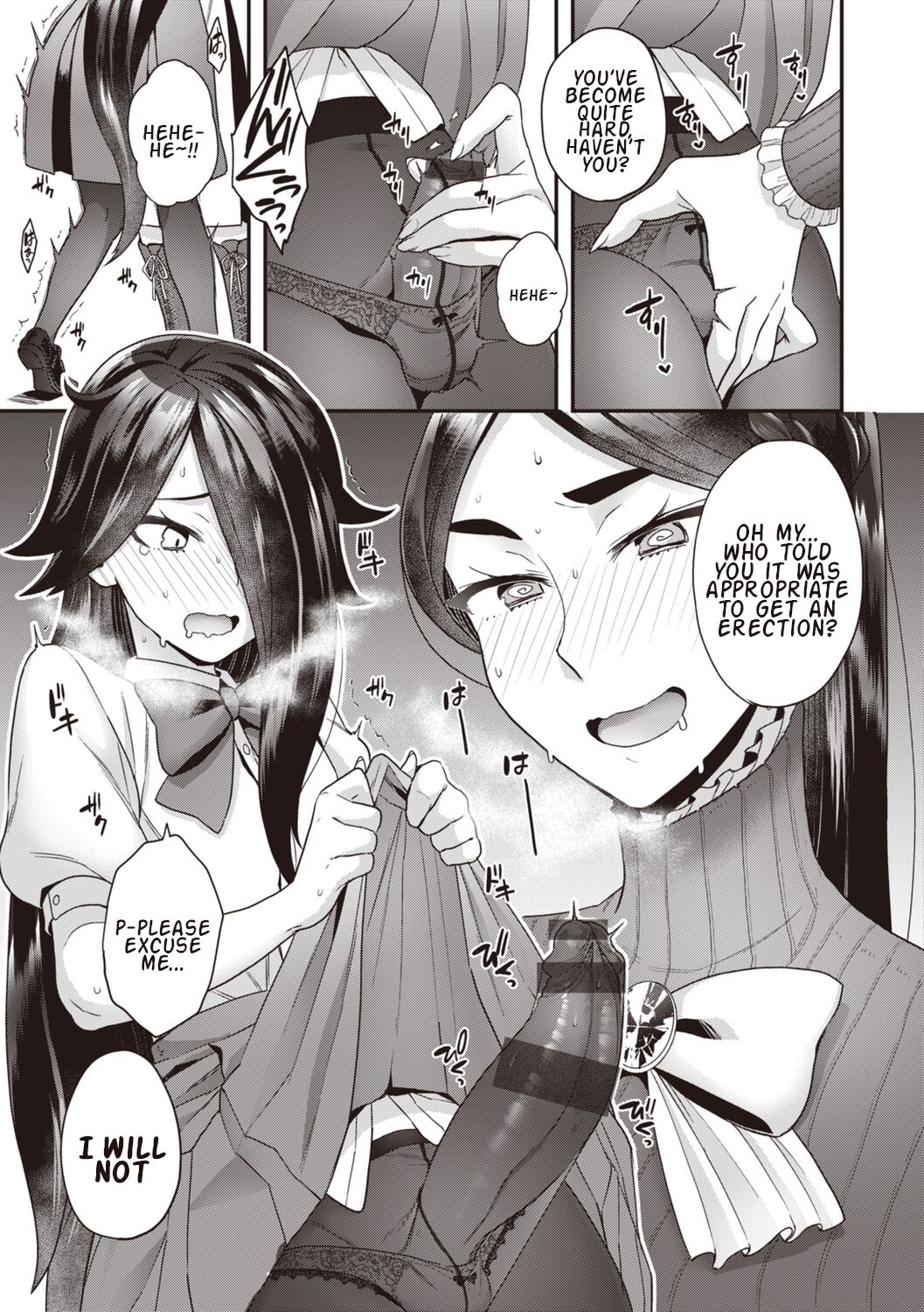 big penis, black and white, black hair, clothed, cock, crossdressing, crotch rub, dick, drawn, drool, female, femboy, femdom, houjou-ke no inbi naru nichijyou, long hair, long penis, maid, male, manga, manga page, manga style, nervous, panel, panels, panties, pantyhose, penis, saliva, skirt, skirt lift, skirt up, sweat, text, text bubble, tomgirl, translated, trembling, twink, yoshiragi