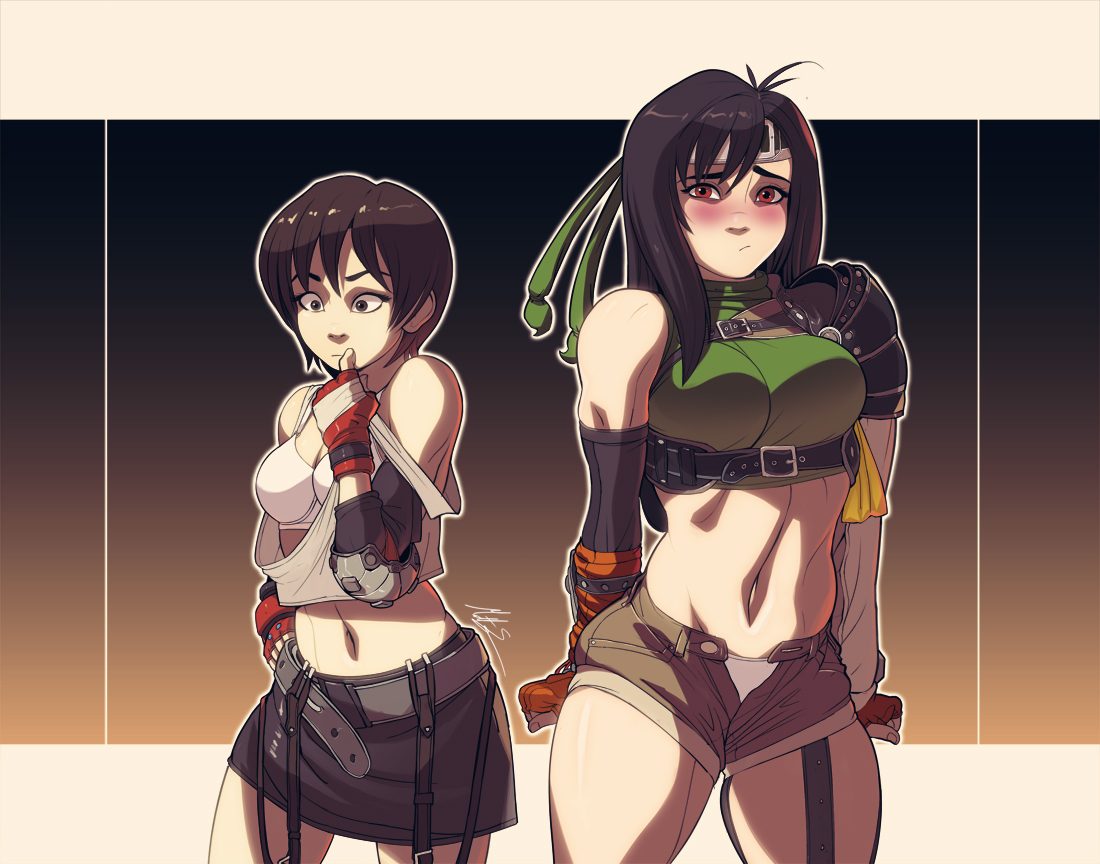 2d, 2d (artwork), 2d artwork, 2girls, big breasts, black eyes, black hair, blush, blushing at viewer, breasts, cosplay, costume switch, embarrassed, embarrassed expression, embarrassed female, female, female only, final fantasy, final fantasy vii, final fantasy vii rebirth, final fantasy vii remake, final fantasy vii remake intergrade, large breasts, long hair, looking at viewer, loose clothes, midriff, msperoni, multiple girls, navel, ninja, outfit swap, panties, pushed up breasts, red eyes, short hair, shorts, square enix, tank top, thick thighs, tifa lockhart, tifa lockhart (cosplay), tight clothing, triplexmile, visible bra, visible underwear, yuffie kisaragi, yuffie kisaragi (cosplay)