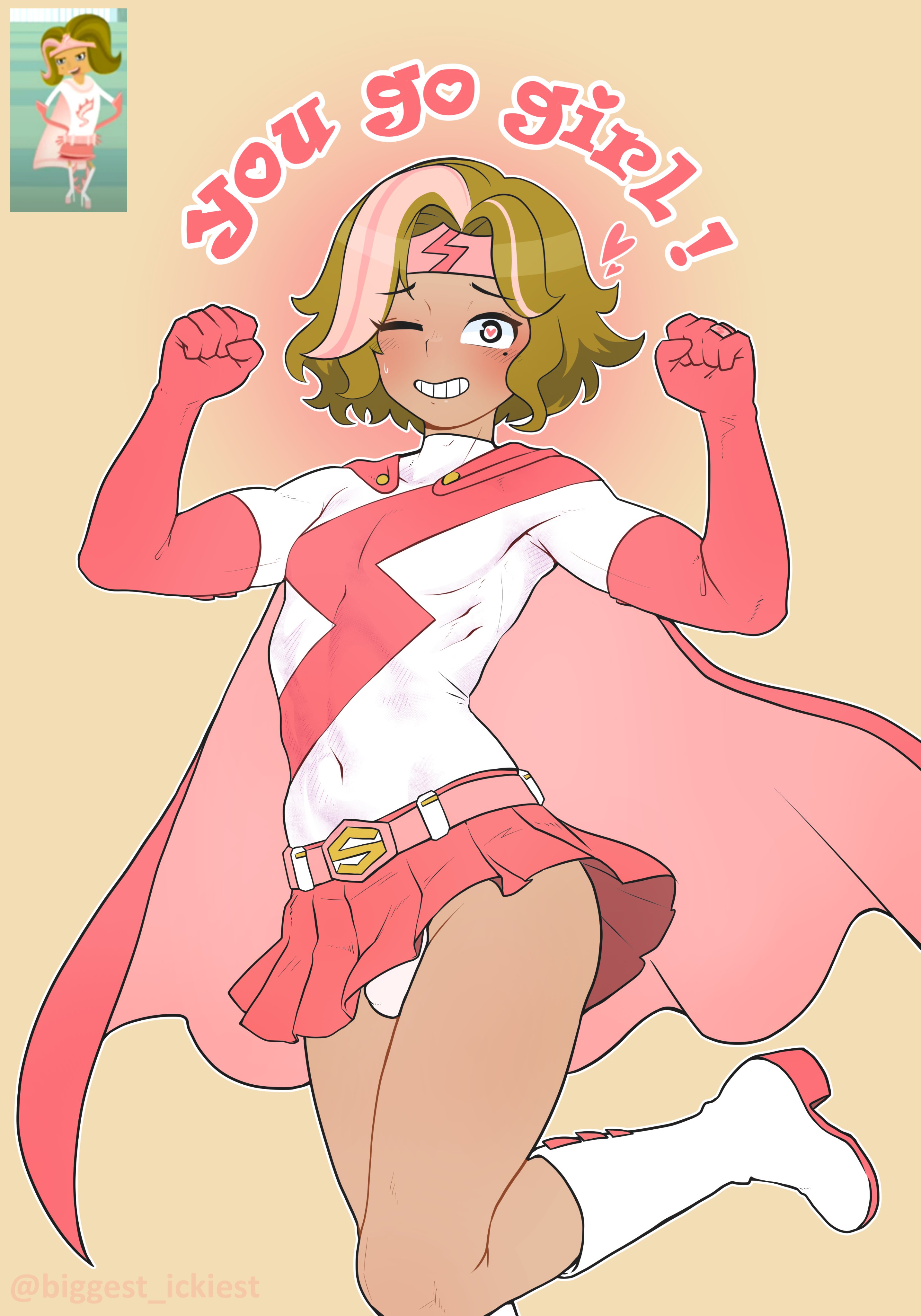 elbow gloves, english text, femboy, guy hamdon, heart-shaped pupils, looking at viewer, miniskirt, shezow, shezow (character), skirt, spiked boots, spiked gloves, text, thegreatick