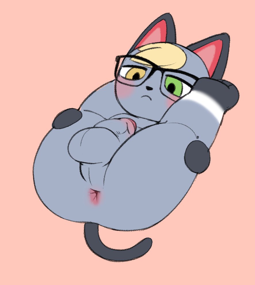 animal crossing, anthro, anus, ass, balls, blonde hair, blush, domestic cat, eyewear, felid, feline, felis, fur, genitals, glasses, grey body, grey fur, hair, heterochromia, legs up, male, male only, mammal, nintendo, perineum, presenting, presenting anus, pururing, raymond (animal crossing), solo, spread legs, spreading, video games