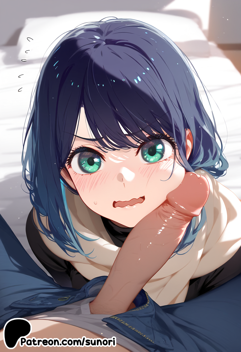 1boy, ai generated, blush, erection, female, flying sweatdrops, kurokawa akane, oshi no ko, penis, penis on face, straight, sunori, uncensored