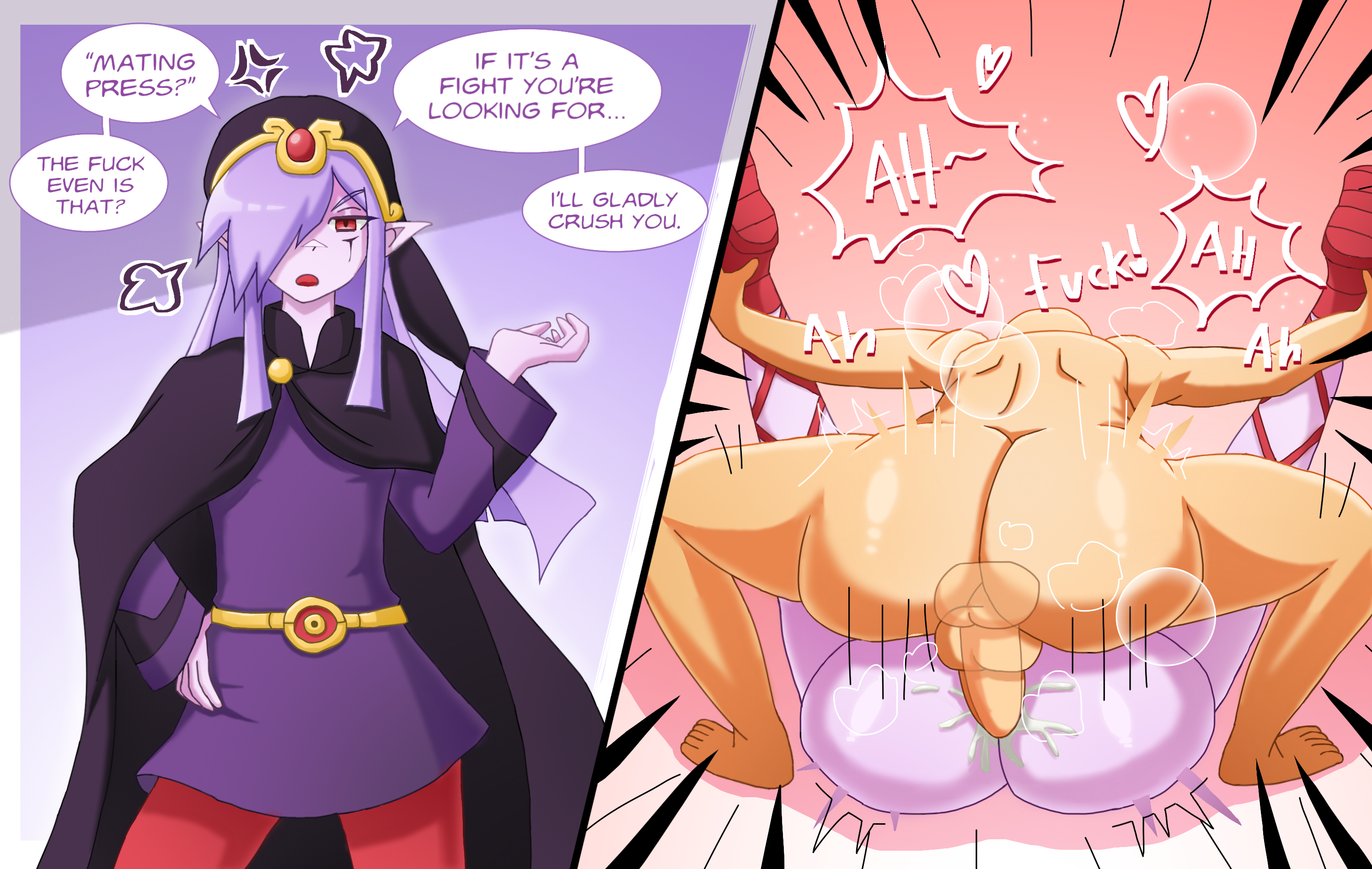 2boys, aeltrix, anal, anal sex, ass, balls, cum, cum in ass, cum inside, dialogue, elf ears, femboy, gay, girly, heart, instant loss, instant loss 2koma, long ears, male, male only, male/male, mating press, minish cap, motion lines, nintendo, penis, purple hair, red eyes, text, the legend of zelda, the minish cap, tunic, vaati, video games