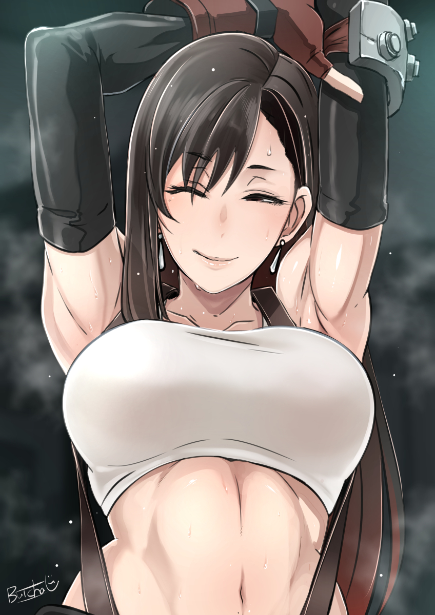 1girls 2020 abs arms_above_head big_breasts black_hair breasts butcha-u cleavage clothed clothing earrings eroquis female female_only final_fantasy final_fantasy_vii gloves hands_above_head large_breasts long_gloves long_hair one_eye_closed smile smooth_skin solo sports_bra stretching sweat tifa_lockhart tight_clothing underboob white_skin wink