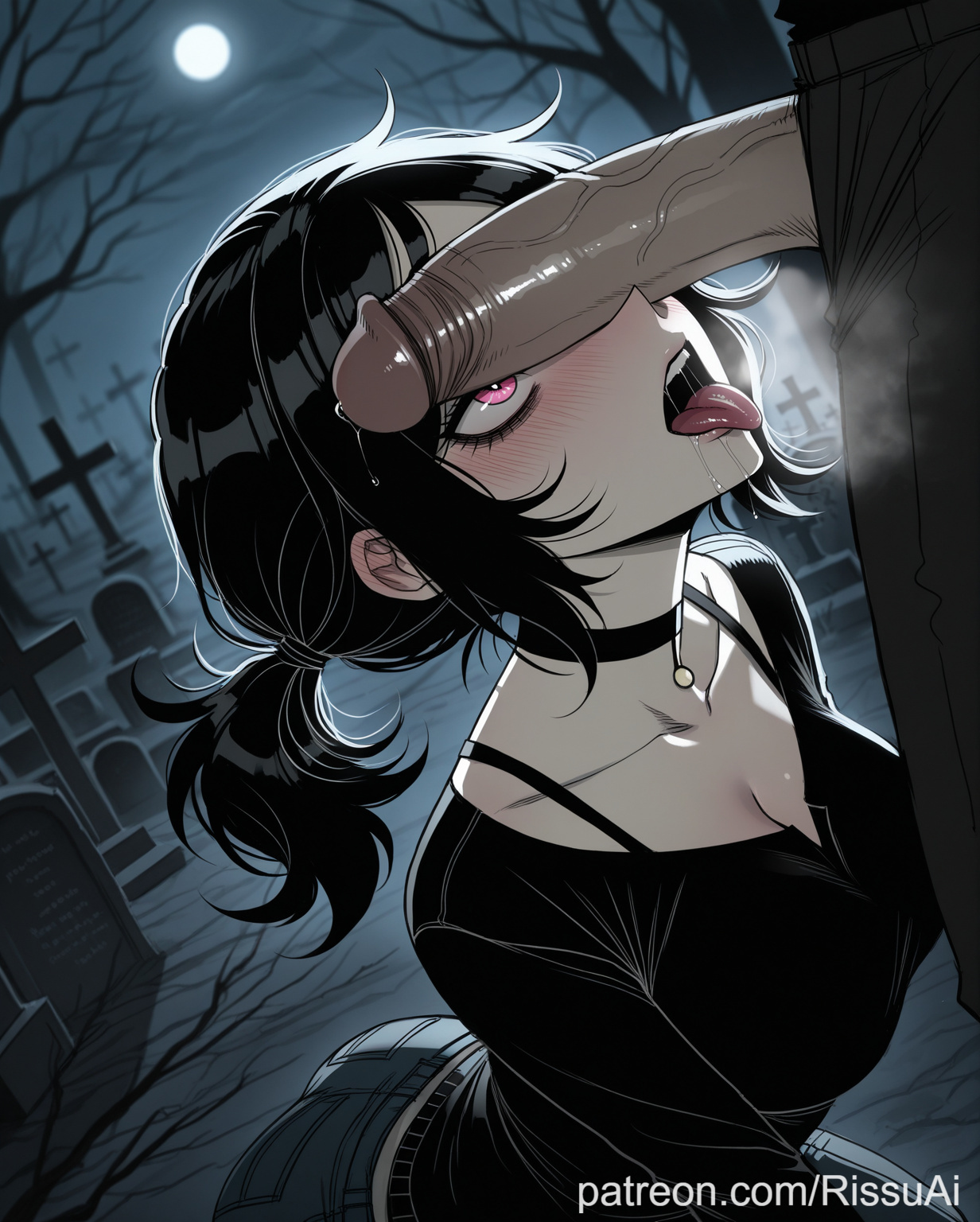 1girls, 2026, ai generated, andrew graves, ashley graves, big ass, black hair, black shirt, blurry background, blush, bra, brother and sister, choker, cinematic lighting, crazy eyes, crosses, dick on ass, goth, goth girl, gothic, graveyard, horny, horny female, imminent oral, imminent sex, incest, incest play, medium breasts, moon, moonlight, one eye covered, open mouth, pale skin, pale-skinned female, patreon, penis, penis on face, perfect body, pervert, pink eyes, ponytail, rissuai, saliva, sexy, sexy body, sexy female, sexy pose, shadow, sibling (lore), sibling incest, siblings, the coffin of andy and leyley, tongue out