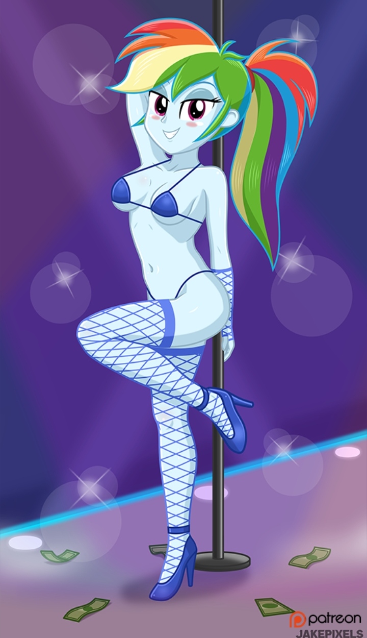 1girls, 2026, against pole, alternative hairstyle, arm behind head, blue bikini, blue legwear, cyan body, deviantart link, equestria girls, female, fishnet armwear, fishnet legwear, fishnet thighhighs, fishnets, high heels, human, jakepixels, looking at viewer, money, my little pony, no ai, one leg up, pole, ponytail, prostitution, rainbow dash (eg), rainbow hair, smile, smiling, solo, standing, strip club, stripper pole