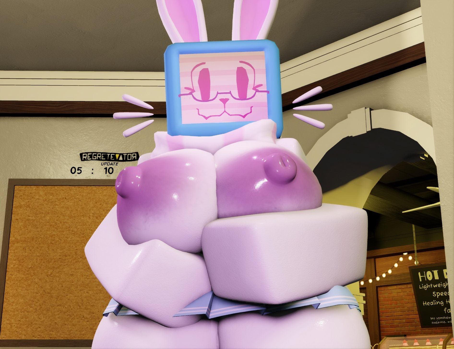 :3, 1female, 1females, 1girl, 1girls, 1woman, 1women, 2026, 3d, 3d (artwork), boobs, boobs focus, breasts, breasts focus, bunny ear, digital media, female, female focus, female only, holding breast, holding own breast, indecentmary, jpeg, jpg, looking at viewer, melanie (regretevator), nipples, regretevator, roblox, roblox game, roblox studio, robloxian, solo, solo female, solo focus, tits, tits focus, topless, tv, tv head