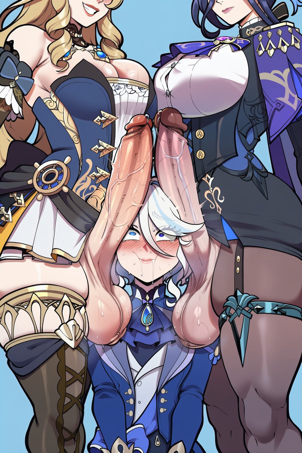 1girls, 2futas, after fellatio, ai generated, breasts, clorinde (genshin impact), cum, cum dripping from mouth, furina (genshin impact), futanari, genshin impact, himegens, huge cock, imminent rape, imminent sex, multiple futa, multiple penises, navia (genshin impact), penis, scared, scared expression, tagme