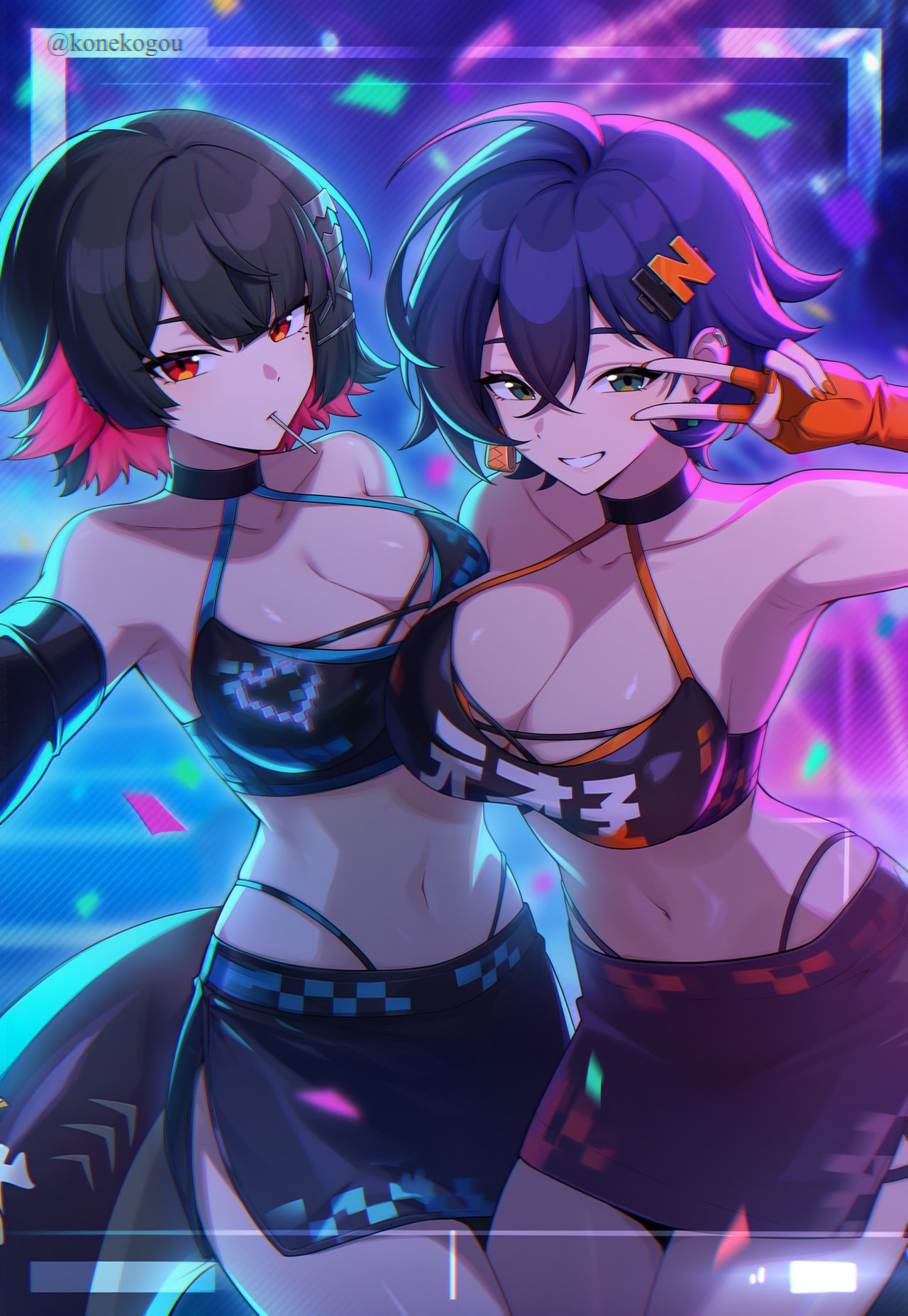2girls, ai generated, belle (zenless zone zero), blue hair, ellen joe, konekogou, large breasts, midriff, shark girl, shark tail, skirt, tagme, thong straps, zenless zone zero