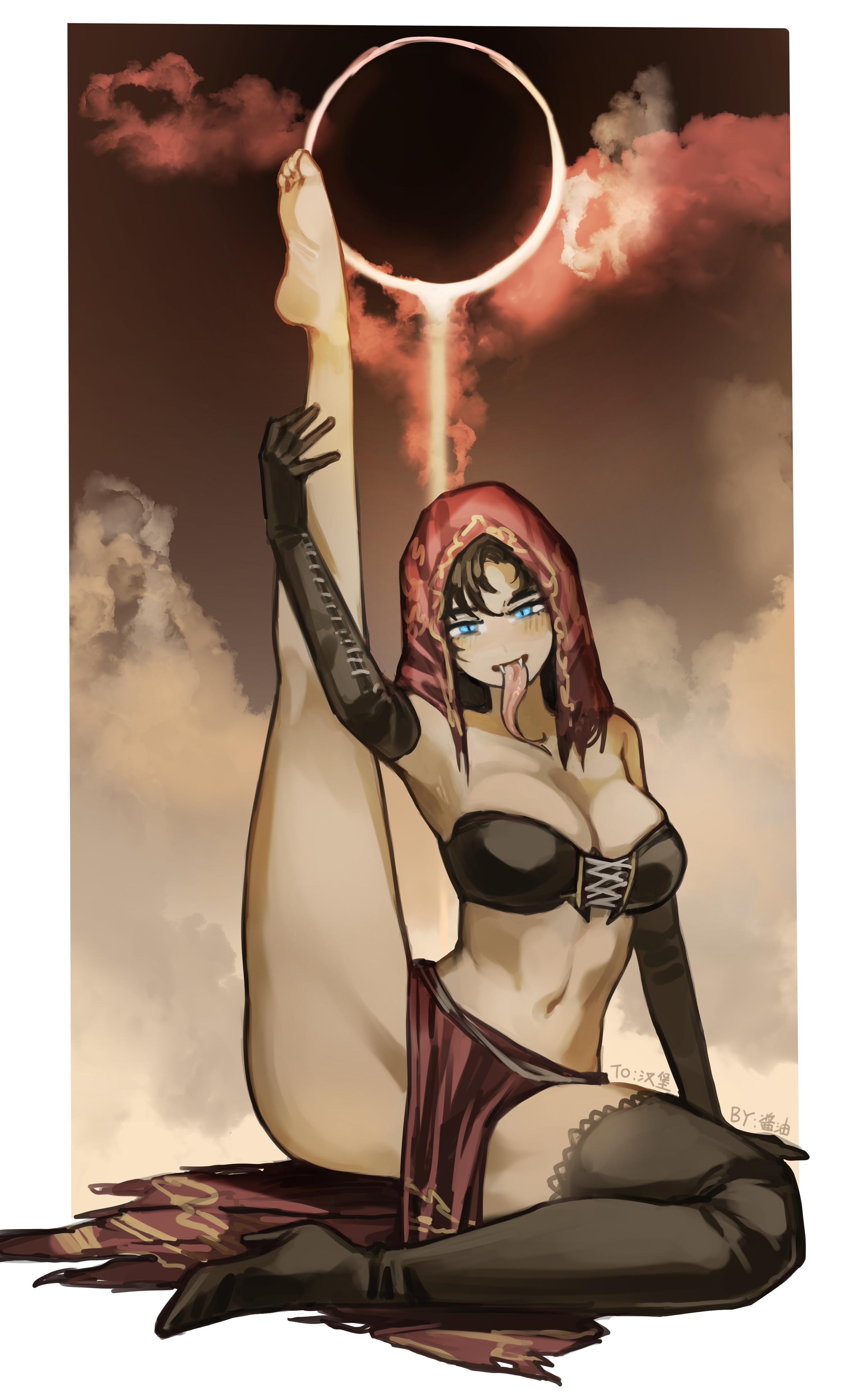 barefoot, big breasts, black gloves, black legwear, blue eyes, blush, brown hair, bustier, cleavage, dark souls, dark souls 2, desert sorceress, elbow gloves, fangs, feet, female, female only, flexible, fromsoftware, full body, gloves, high heel boots, leg up, loincloth, long tongue, looking at viewer, miaojiangyou, single shoe, single thighhigh, slit pupils, smile, solo, thigh boots, tongue out, veil