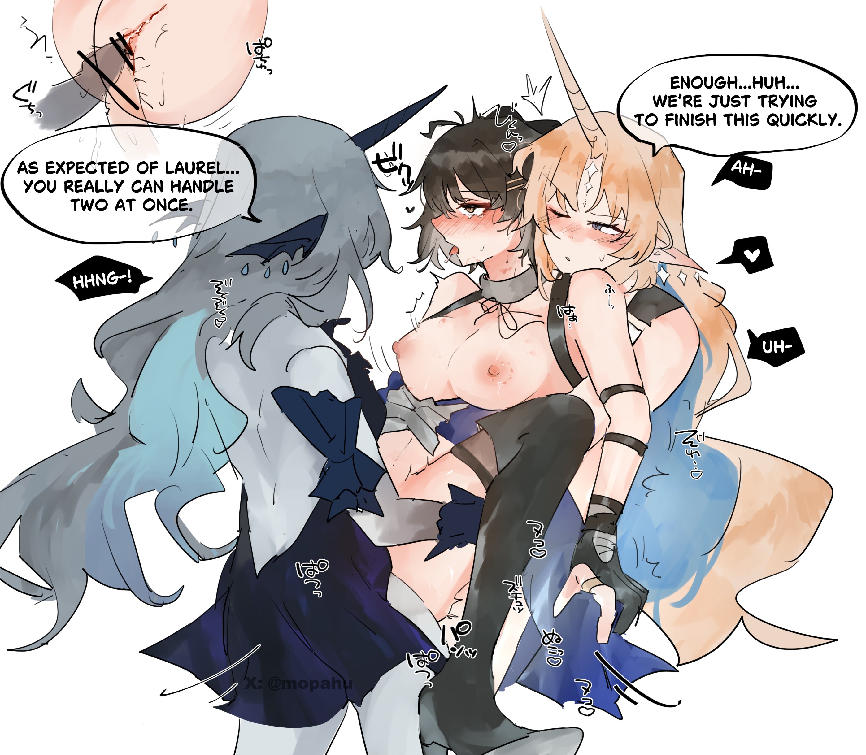 3girls, big breasts, black hair, blonde hair, blush, breasts out, female rover (wuthering waves), fff threesome, fleurdelys (wuthering waves), highres, horned humanoid, lesbian, lesbian sex, light skin, light-skinned female, mopahu, open mouth, rover (wuthering waves), simple background, white background, wuthering waves, yuri