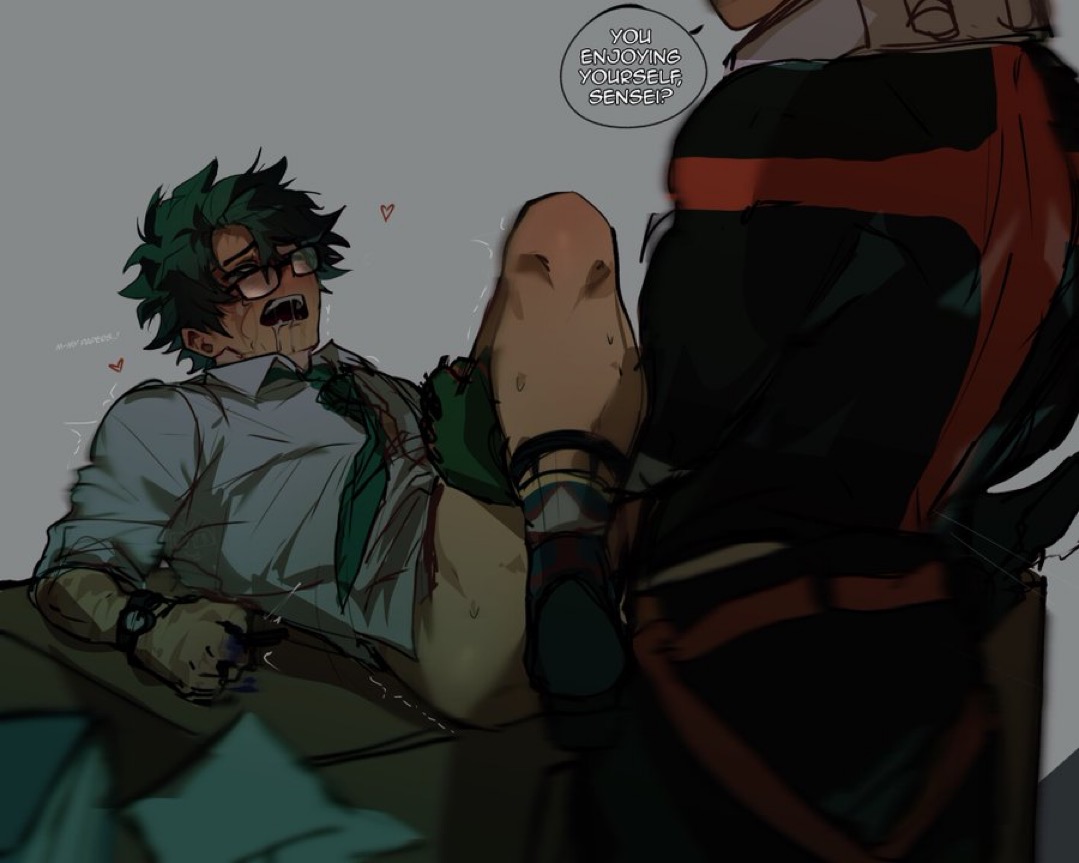 2025, 2boys, anal, anal sex, bakugou katsuki, boku no hero academia, collared shirt, deku, dialogue, drool, drool on face, drooling, english dialogue, english text, freckles, fucked silly, gay, gay anal, gay male, gay sex, green eyes, green hair, hero outfit (mha), izuku midoriya, katsuki bakugou, looking at another, looking at partner, looking pleasured, male, male focus, male moaning, male only, male penetrated, male penetrating, male penetrating male, male/male, messy hair, midoriya izuku, mostly clothed, muscular, muscular male, my hero academia, no pants, no visible genitalia, on back, on desk, pleasure face, scar, scars, sillybillyken, socks, submissive, submissive male, teacher, teasing, tie, timeskip, watch, yaoi