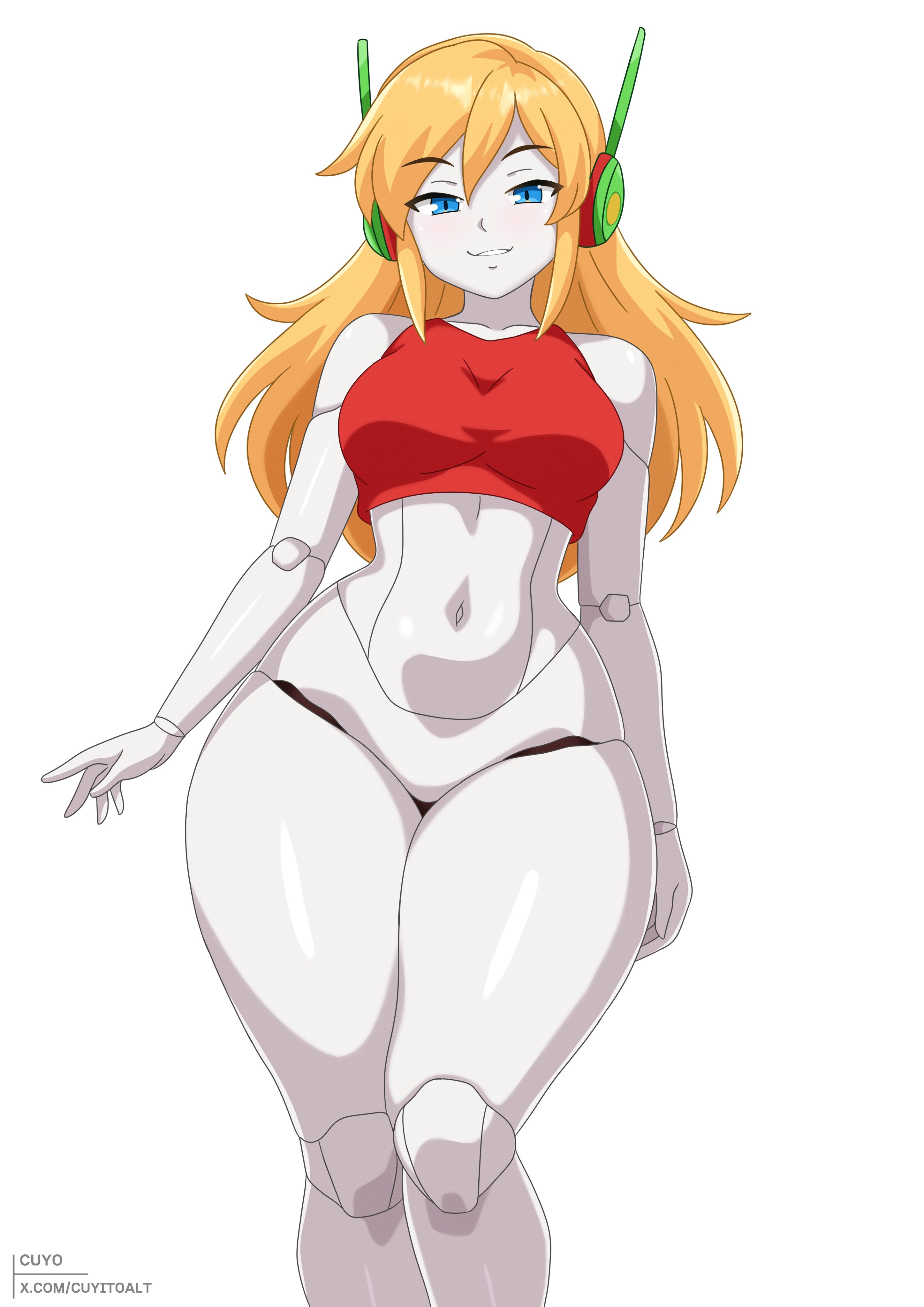 absurdres, artist name, bare arms, bare shoulders, blonde hair, blue eyes, bottomless, breasts, cave story, commentary, crop top, curly brace, doukutsu monogatari, english commentary, feet out of frame, female, grin, highres, joints, justcuyo, long hair, looking at viewer, medium breasts, navel, no pussy, red tank top, robot ears, robot joints, simple background, smile, solo, stomach, tank top, thick thighs, thighs, twitter username, white background