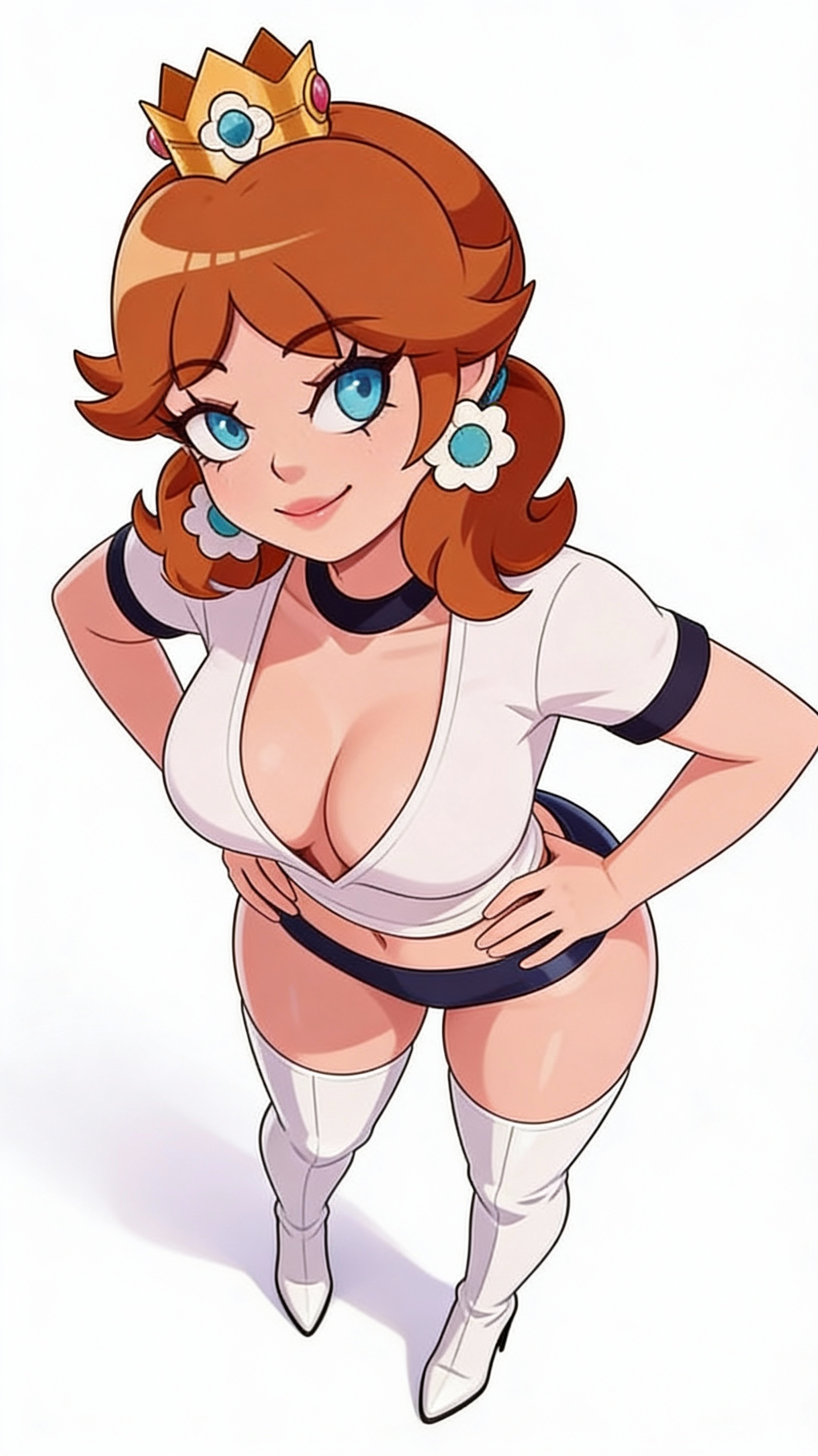 :), 1girls, ai generated, alternate breast size, big breasts, big thighs, blue eyes, blue shorts, breasts, brown hair, buruma, clothed, clothing, cowboy shot, cremanata, crown, cute, earrings, eyebrows visible through hair, female, female only, freckles, gym uniform, highres, hourglass figure, human, human only, large breasts, legwear, lifting shirt, looking at viewer, mario (series), navel, nintendo, orange hair, panties, princess daisy, shiny skin, shirt, shirt lift, simple background, smile, smiley face, solo, sparkles, standing, super mario bros., tagme, thick thighs, thigh gap, thigh socks, thighhighs, thighs, twintails, white border, white shirt, zettai ryouiki