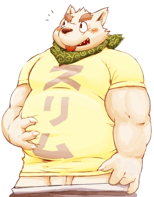 2017 anthro blush canid canine canis clothing domestic_dog genitals humanoid_hands japanese_text kemono male male_only mammal meg_hoi overweight overweight_male penis shirt simple_background solo text tongue tongue_out topwear white_background