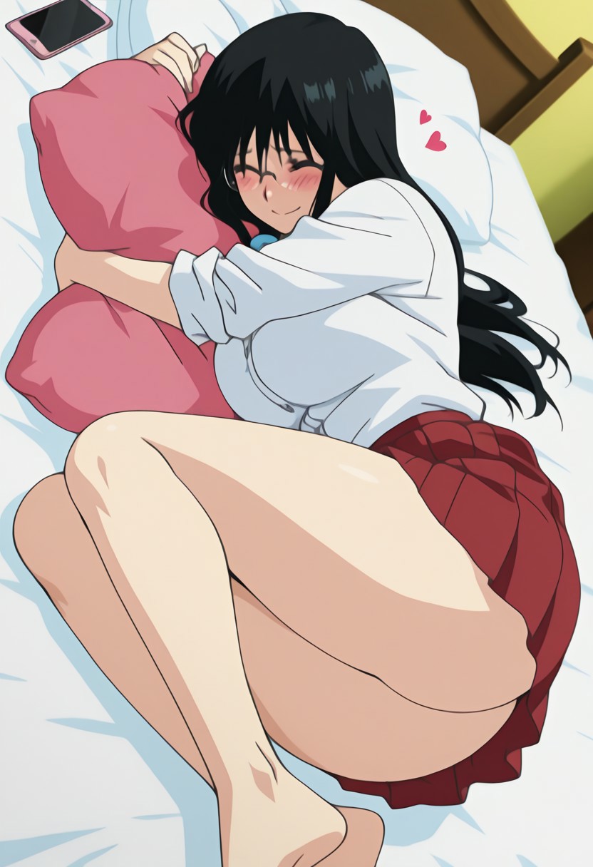 1girls, accurate art style, ai generated, anime style, asada shouko, bare ass, bare legs, bare thighs, barefoot, bed, big breasts, big feet, blunt bangs, blush, bowtie, breasts, bubble ass, bubble butt, busty, cellphone, cuddling, cute, dat ass, exposed ass, eyewear, fat ass, feet, feet together, female, female focus, female only, full body, gentle smile, glasses, happy, happy female, heart, holding object, holding pillow, horny, horny female, huge breasts, hugging, in love, legs together, long toes, low twintails, megane, no panties, no panties under skirt, panchira teacher, pillow, pillow grab, pillow hug, pinup, pleated skirt, rimless eyewear, rimless glasses, round ass, school uniform, schoolgirl, sexually suggestive, shirt, shy, shy female, sleeves rolled up, smile, solo, spoken heart, suggestive, suggestive pose, teen, teenage girl, teenager, thighs, thinking about another, thinking about sex, thinking of someone else, timid