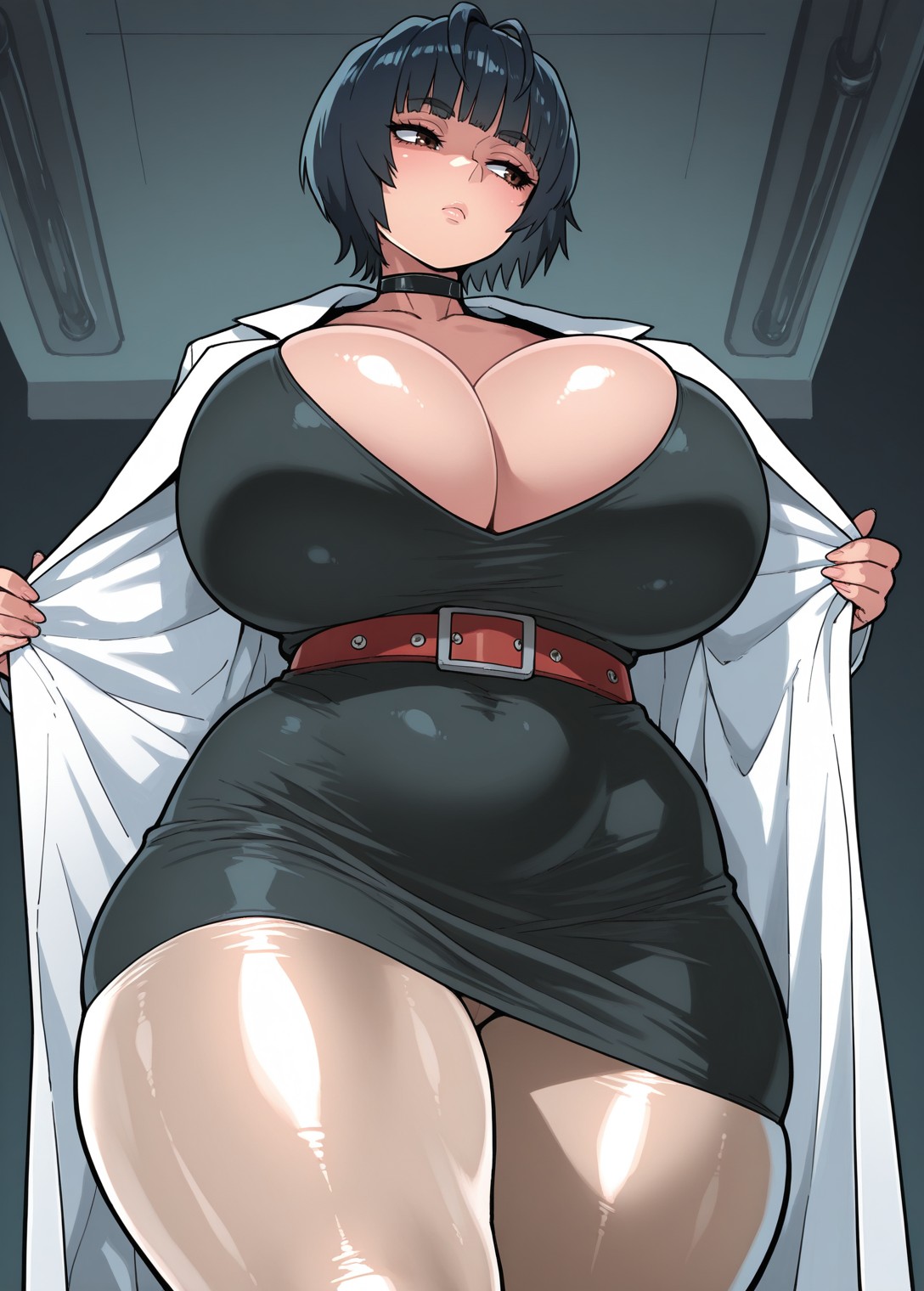 1girls, ai generated, atlus, big breasts, blue hair, bob cut, cleavage, coat, curvaceous, curvy female, doctor, eyes, female, female only, hourglass figure, indoors, large breasts, light skin, light-skinned female, miniskirt, persona, persona 5, short hair, standing, tae takemi, thick, thick thighs, voluptuous, voluptuous female, wide hips, xezex