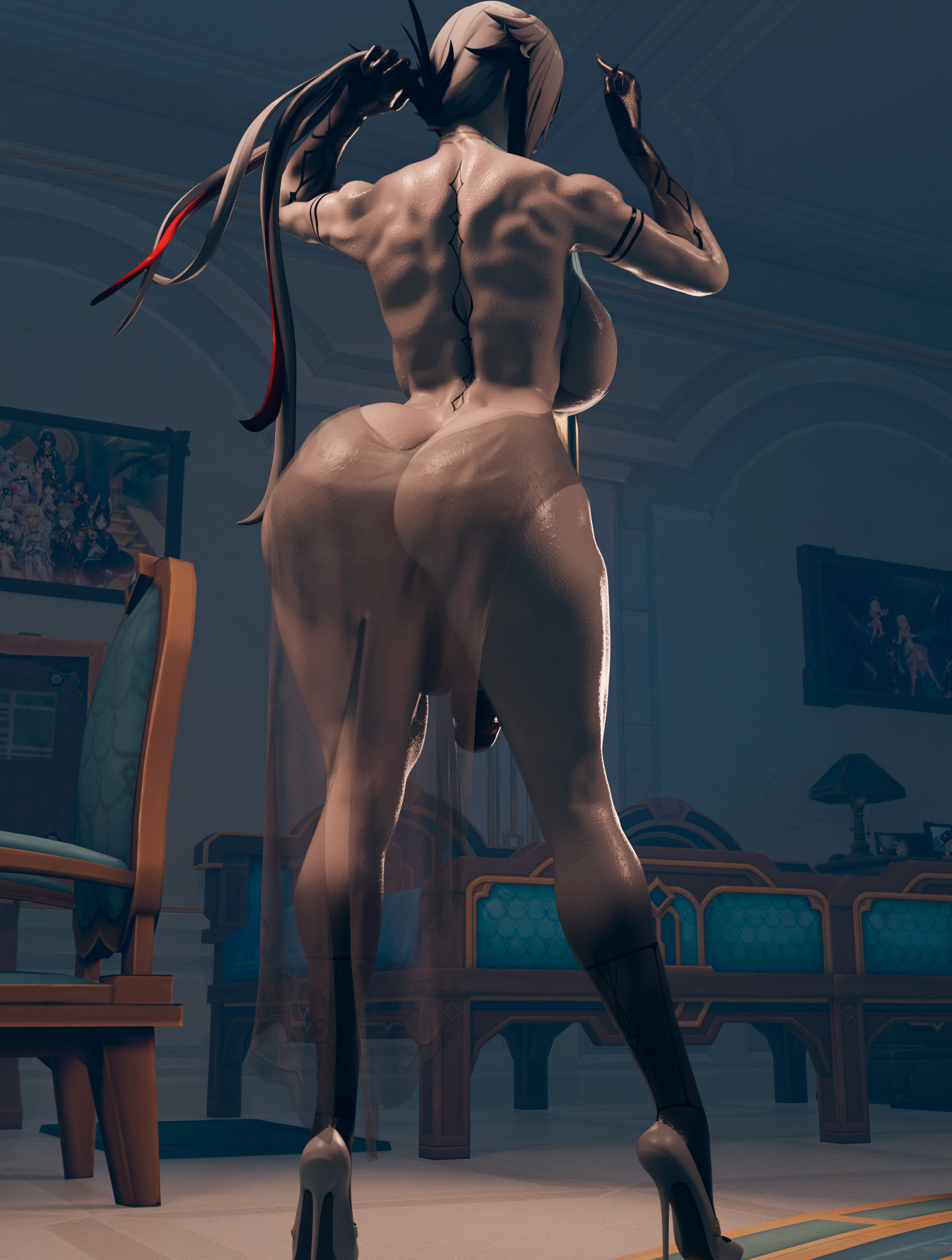 1futa, 1girl, 1girl1futa, 3d, arlecchino (genshin impact), ass, balls, bansimp, big ass, big balls, big breasts, big penis, big testicles, breasts, clothing, futa only, futanari, genitals, genshin impact, hoyoverse, huge ass, huge balls, huge breasts, huge cock, muscular, muscular futa, penis, revealing clothes, solo, standing, tagme, testicles, thick thighs, transparent clothing, white clothing