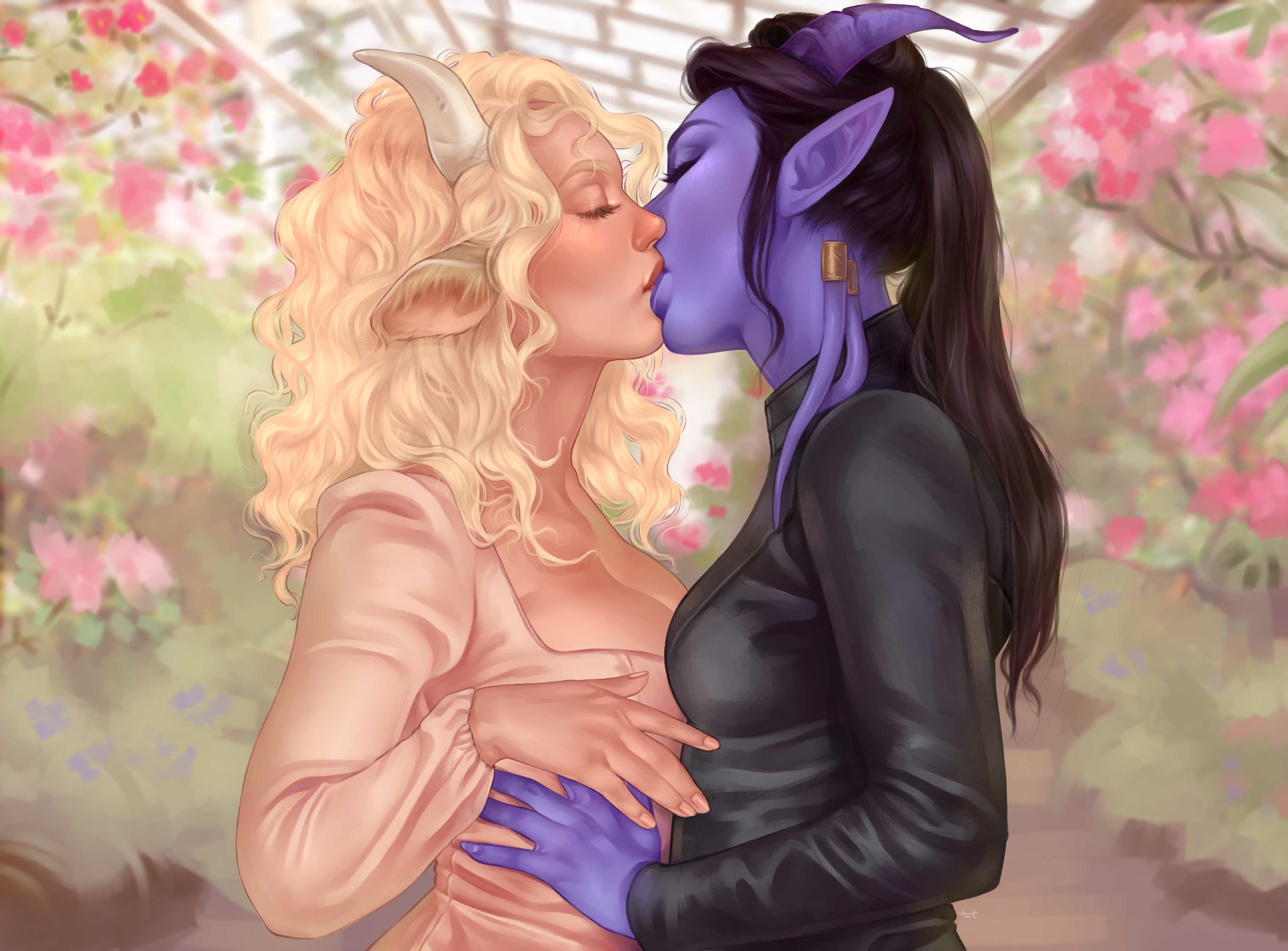 2girls, breasts, cleavage, cow girl, daisy (kumi-pumi), draenei, female, female only, kissing, kriista (lynn), othalam, world of warcraft, yuri