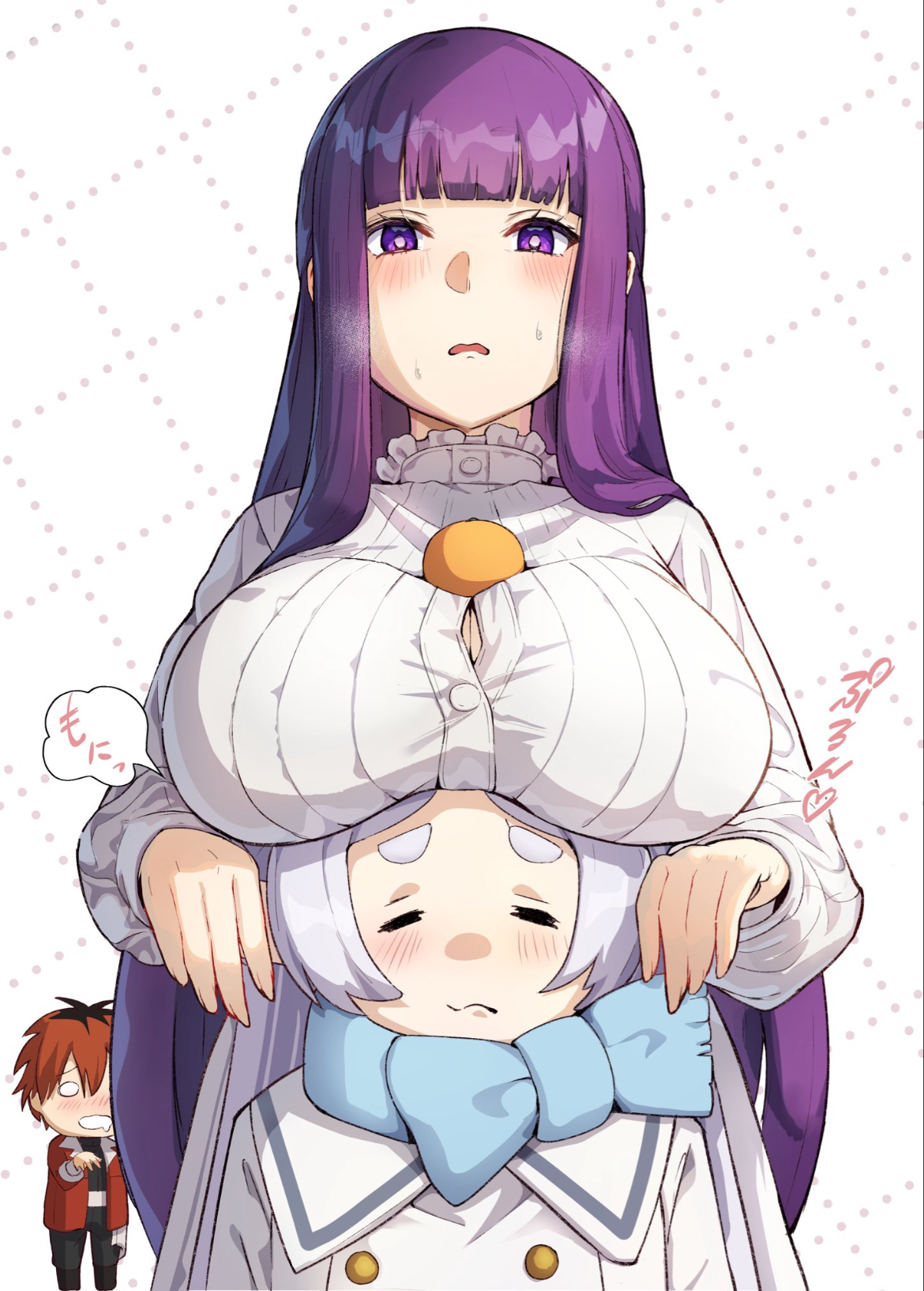 1boy, 2girls, big breasts, blush, blushing female, blushing male, breasts, breasts focus, breasts on head, busty, busty female, closed eyes, clothed, cold, elf, elf ears, elf female, eyes closed, female, fern (sousou no frieren), frieren, fully clothed, hands on ears, huge breasts, long hair, looking at viewer, mage, male, male in background, multiple girls, natsu08kankitsu, oppai, orange hair, pale skin, pale-skinned female, pale-skinned male, purple eyes, purple hair, sexy, sexy female, silver hair, sousou no frieren, stark (sousou no frieren), under breasts, underneath another, yuri