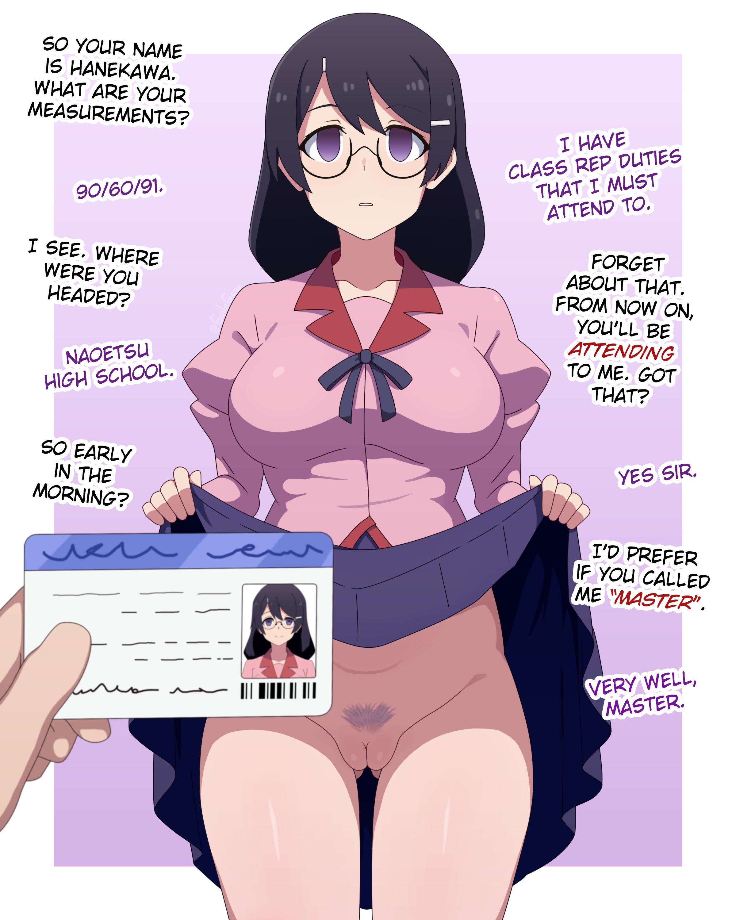 1girls, altered common sense, bad end, big breasts, black hair, bottomless, brainwashing, breasts, busty, cameltoe, change in common sense, clothed, clothing, emotionless, emotionless female, female, female focus, flashing, fully clothed, glasses, guilegaze, hanekawa tsubasa, hourglass figure, huge breasts, hypnosis, hypnotized, id card, imminent rape, indifference, indifferent, large breasts, looking at viewer, monogatari (series), no panties, pubic hair, purple eyes, pussy, pussy peek, rapist and victim, rapist pov, school uniform, schoolgirl, skirt, skirt lift, skirt lifted by self, skirt up, slim waist, standing, thick, thick thighs, thighs, unaware hypnosis, uncaring, uncaring female, upskirt, voluptuous, voluptuous female, wide hips