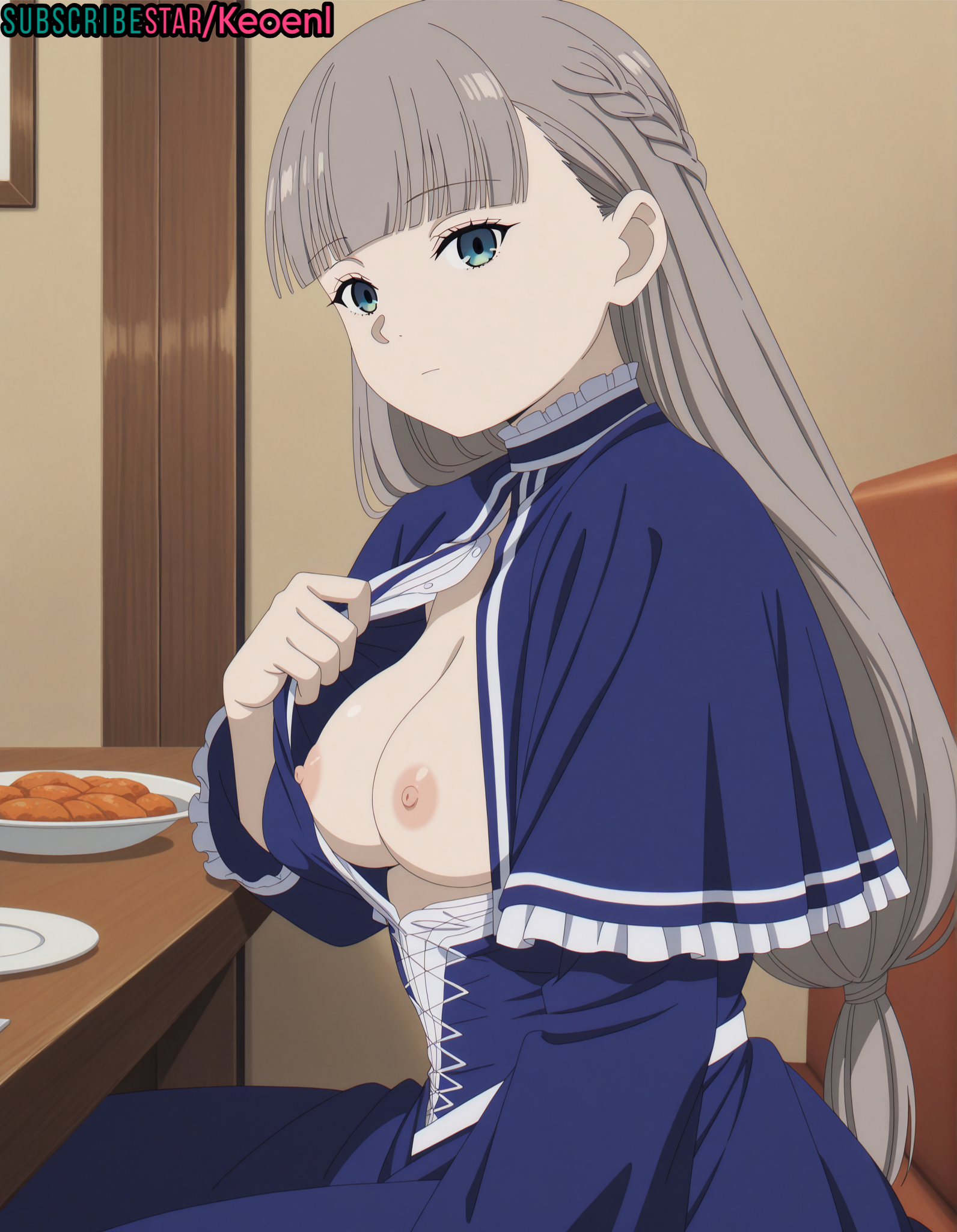 1girls, accurate art style, ai generated, bangs, big breasts, blue capelet, blue dress, blue eyes, blush, braid, capelet, cross-laced clothes, date, dress, dress lift, exposed breasts, expressionless, female, female only, flashing, flashing breasts, frieren beyond journey's end, frills, grey hair, hi res, keoenl, lawine (sousou no frieren), long hair, looking at viewer, medium breasts, nipples, panties aside, pov, restaurant, serious, sexy, side braid, side view, sitting, solo focus, sousou no frieren, subscribestar, thick thighs, thighhighs, white thighhighs, wide hips