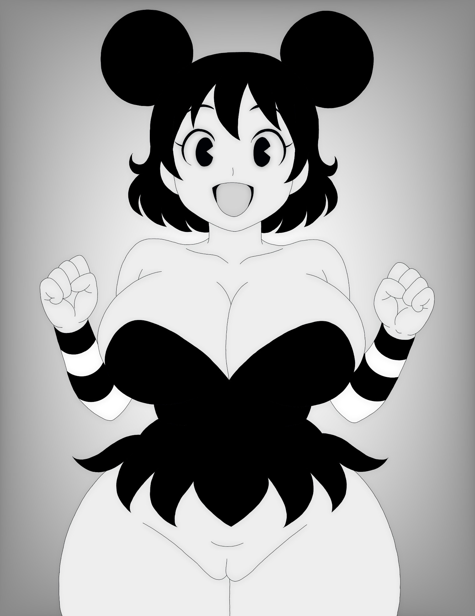 :d, artvi, black bow, black gloves, black hair, black thighhighs, bob cut, bottomless, bow, curvy, detached sleeves, elbow gloves, female, greyscale, heart-shaped pupils, highres, huge breasts, large areolae, monochrome, mouse ears, mouse tail, open mouth, original, pac-man eyes, paizuri pose, plump, puffy nipples, sally mcboing, short hair, simple, smile, solo, striped thighhighs, tagme, thick thighs, very large breasts, wide hips