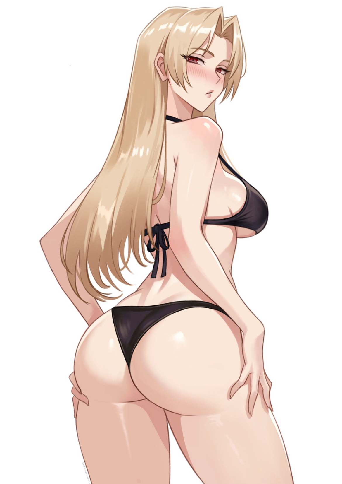 1girls, ass, ass focus, back view, backside, big ass, bikini only, blonde female, blonde hair, blonde-haired female, blush, breasts, charlesart, curves, curvy, curvy figure, cute, cute face, female, female focus, female only, hands on hips, hourglass figure, juicy lips, jujutsu kaisen, long hair, looking at viewer, medium breasts, pale-skinned female, plump breasts, red eyes, round breasts, round butt, sexy, sexy body, sideboob, solo, solo female, solo focus, thick, thick ass, thick legs, thick thighs, yuki tsukumo