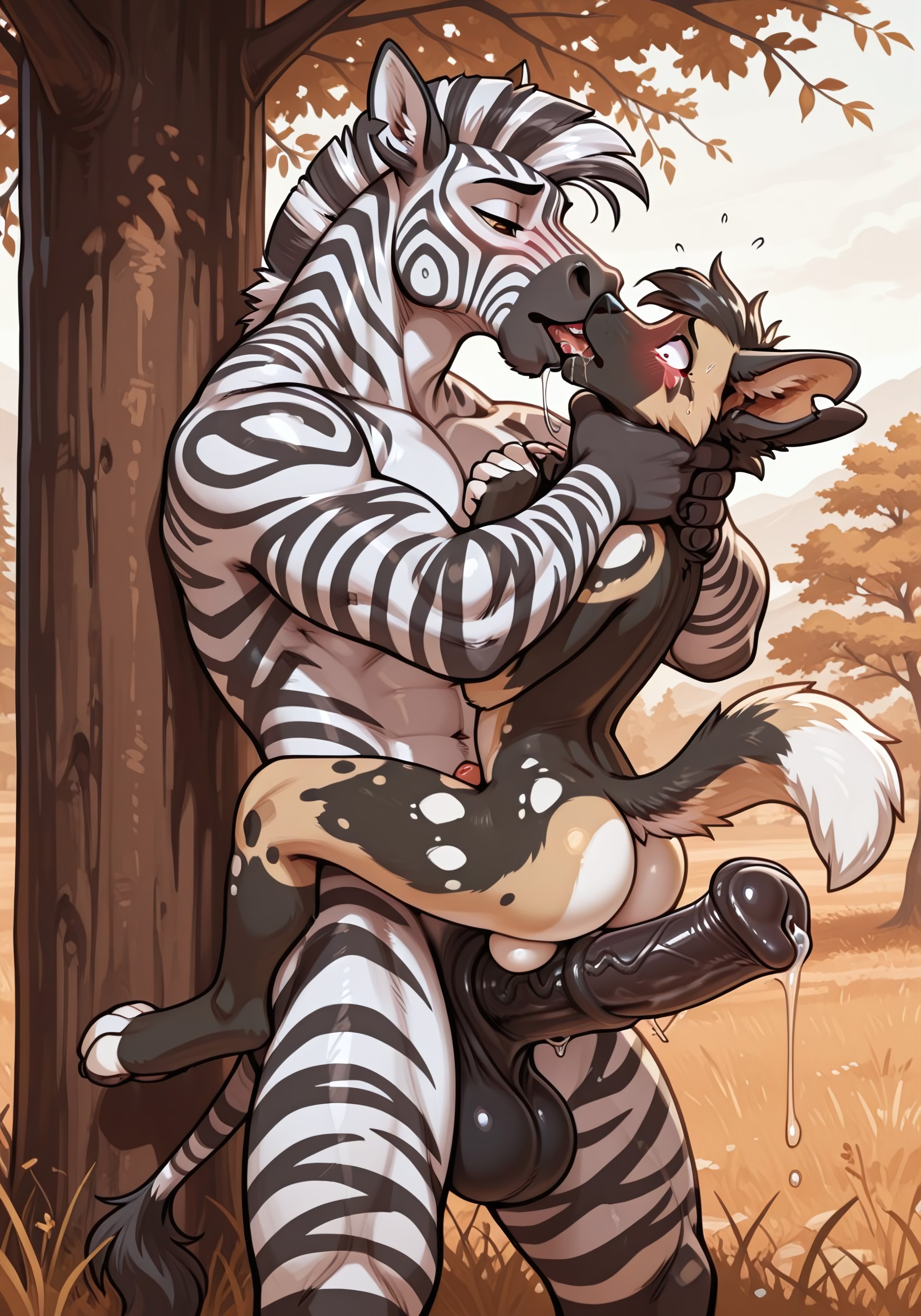 african wild dog, ai, ai generated, ass, balls, canine, choke hold, choking, choking partner, crying, dominant prey, equine penis, equine,, forced, forced kiss, forced kissing, furry, furry only, gay, kissing, male, male/male, pawpads, paws, precum, predator/prey, prey dom predator sub, saliva, saliva string, scared, scared expression, sheath, zebra