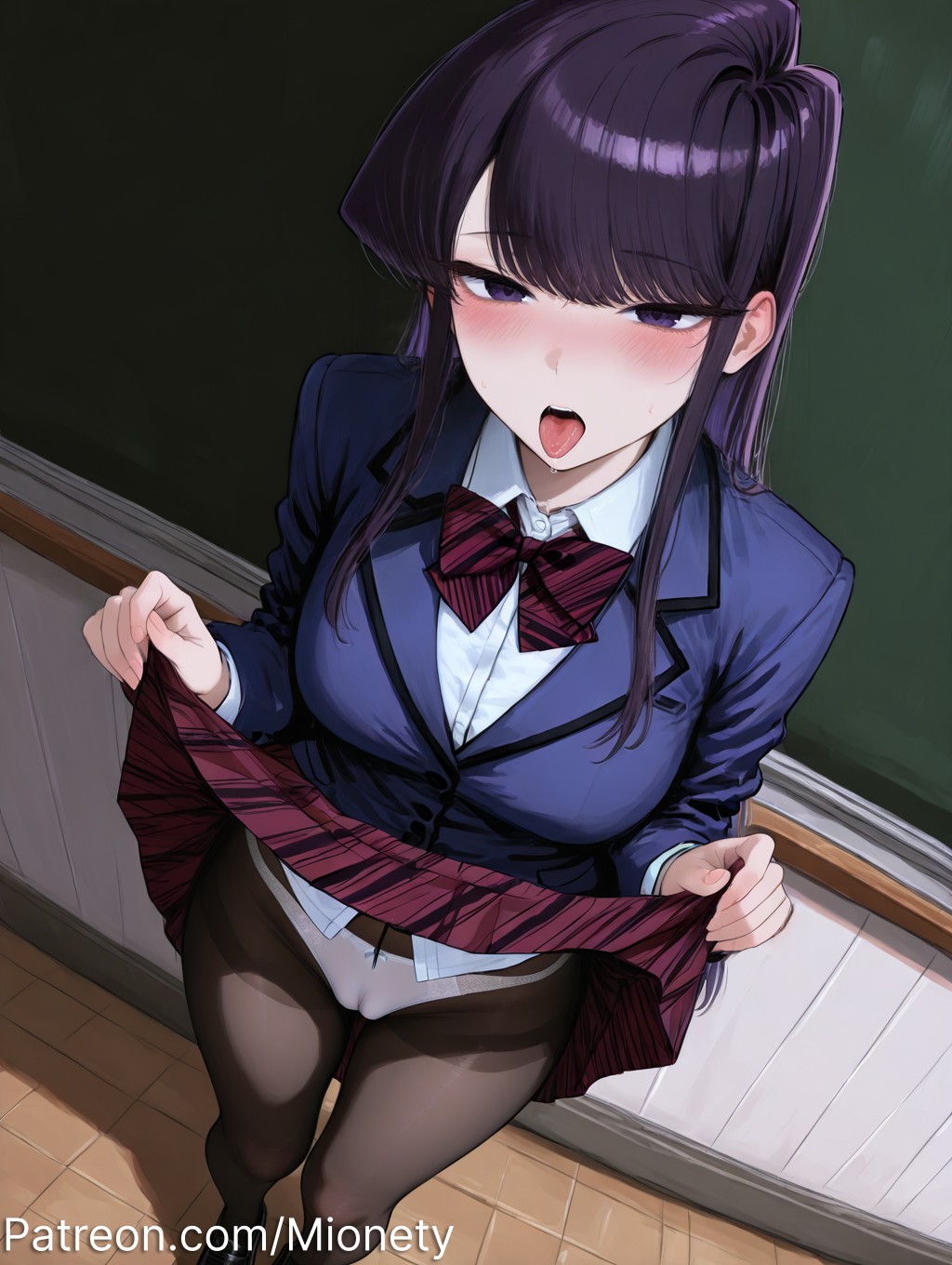 ai generated, artist name, black eyes, black hair, black pantyhose, blazer, blue jacket, blue skirt, blush, bow, bow panties, bowtie, breasts, chalkboard, classroom, clothes lift, collared shirt, desk, diagonal-striped bow, diagonal-striped bowtie, diagonal-striped clothes, diagonal-striped skirt, dress shirt, dutch angle, female, from above, half-closed eyes, indoors, itan private high school uniform, jacket, komi shouko, komi-san wa komyushou desu, large breasts, lifting own clothes, long hair, long sleeves, looking at viewer, miniskirt, mionety, on desk, open mouth, oral invitation, panties, panties under pantyhose, pantyhose, pantyhose pull, patreon username, pleated skirt, purple eyes, purple hair, red bow, red bowtie, red skirt, school desk, school uniform, shirt, sitting, skirt, skirt lift, solo, standing, striped bow, striped bowtie, striped clothes, striped skirt, teeth, thighband pantyhose, tongue, tongue out, underwear, uniform, white panties, white shirt, wooden floor