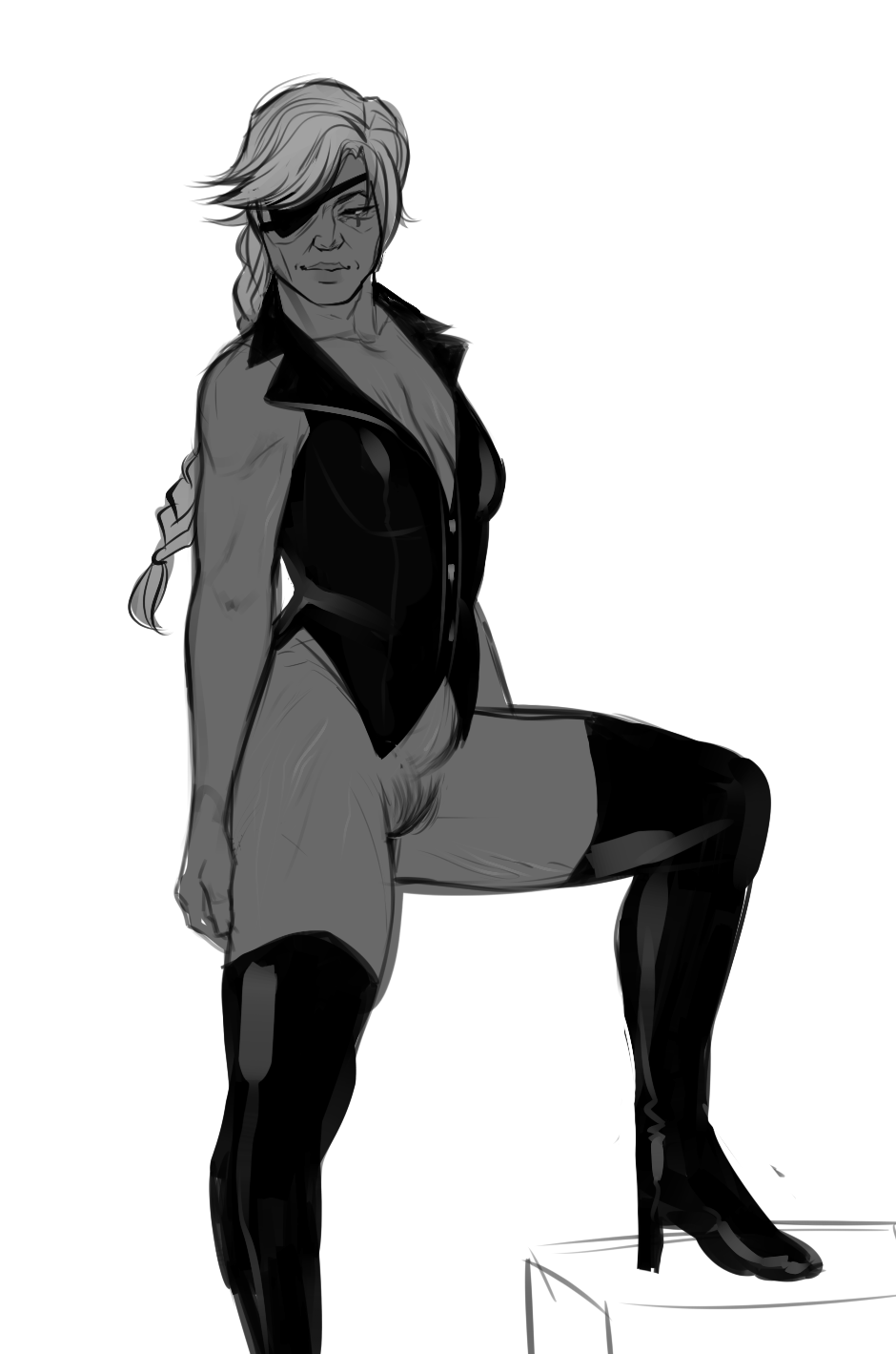 1girls, 2d, alternate costume, ana amari, artist request, blizzard entertainment, bottomless, braided hair, braided ponytail, brown skin, brunette, dark skin, dark-skinned female, egyptian, eye patch, eyepatch, eyeshadow, female, gilf, grey hair, long hair, mature female, monochrome, old ana amari, overwatch, slim, white hair, yellow eyes