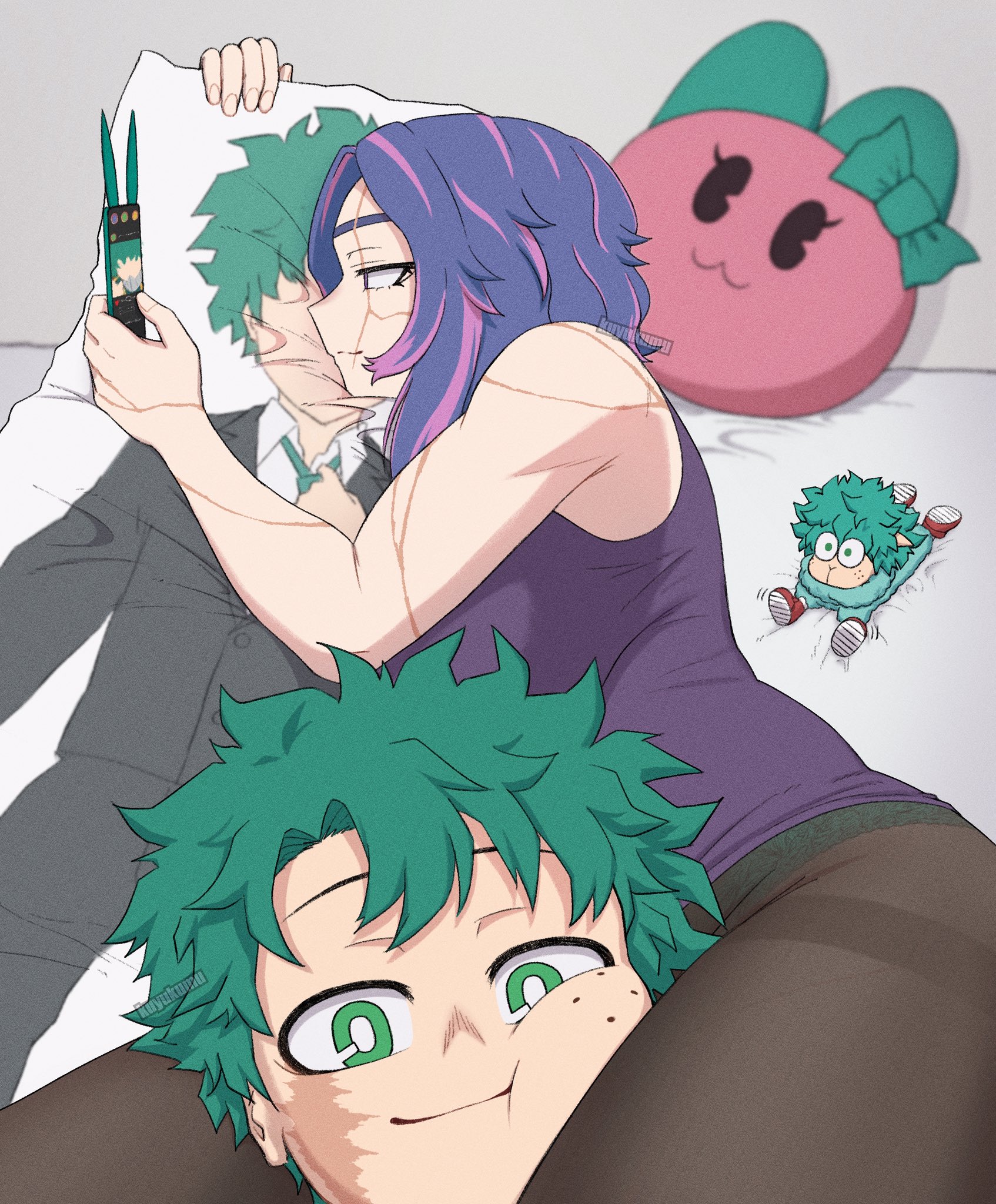 1boy, 1girls, 2026, 2d, 2d (artwork), age difference, bed, blue hair, body pillow, boku no hero academia (finale), clingy, clothed, clothed female, cuddling, female, freckles, freckles on face, green eyes, green hair, green panties, green thong, head between legs, head between thighs, im this clingy (meme), indigo hair, izuku midoriya, kaina tsutsumi, lady nagant, leg lock, male, male protagonist, milf, my hero academia, my hero academia (finale), no sex, older female, older woman and younger man, pantyhose, phone, pillow, pink hair, post-timeskip, scar, scar on arm, scar on face, scars, see-through, see-through clothes, see-through clothing, smile, smiling, straight, toy, younger male