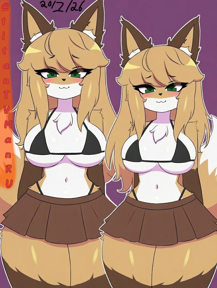 :3 face, 2021, 2026, 2girls, arms, artist logo, artist name, averi (fiddleafox), bicolored fur, big breasts, bikini, blushing female, breast press, breasts bigger than head, drama, eyes green, eyes half open, fox ears, fox girl, fox tail, furry female, legs together, light-skinned female, no ai, open mouth, poses, sexy body, sexy pose, skirt lift, tagme, tagme (artist), tagme (character)