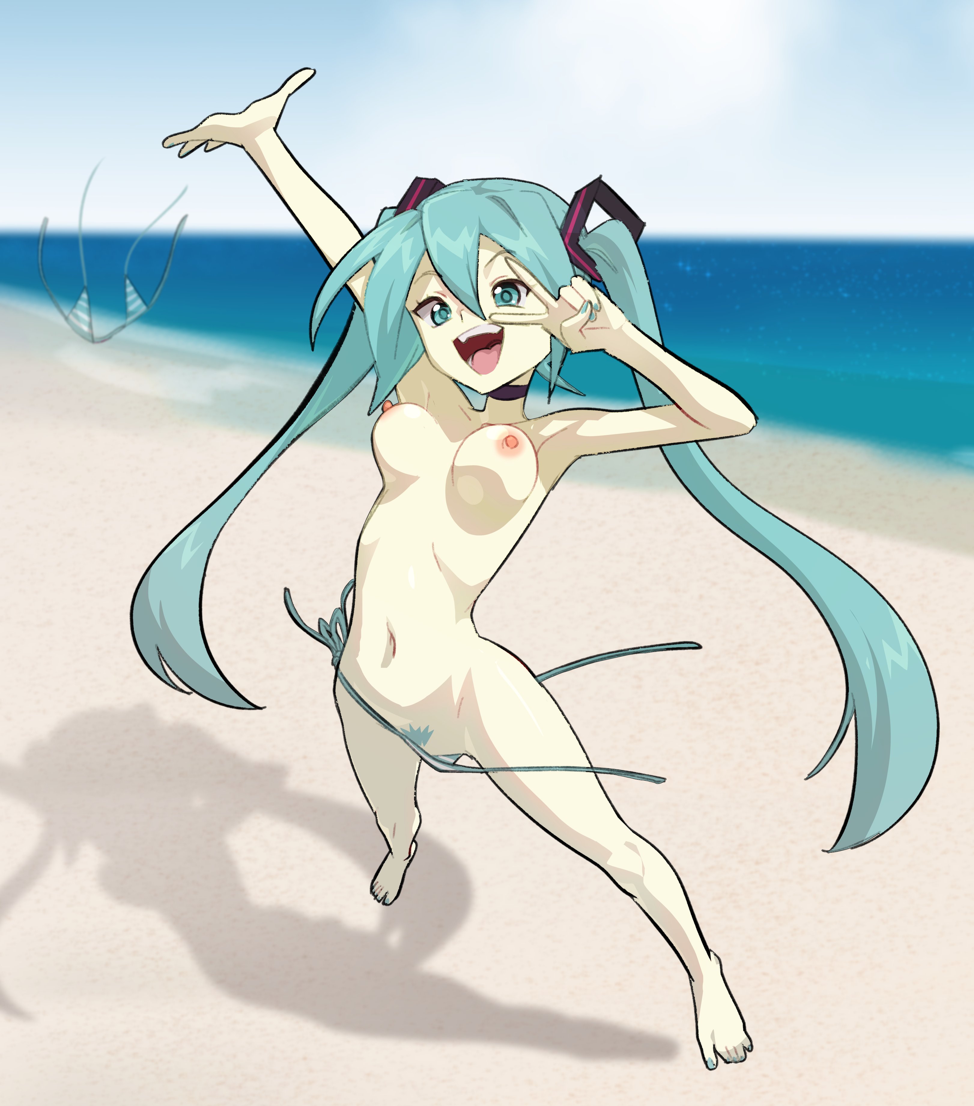 1girl, 1girls, aqua eyes, aqua hair, armpits, arms up, barefoot, beach, bikini, bikini bottom, bikini top, bikini top removed, blue hair, bouncing breasts, breasts, breasts out, choker, day, feet, female, female only, female pubic hair, groin, hair ornament, hatsune miku, jumping, long hair, looking at viewer, maho malice, medium breasts, myahogao, nail polish, navel, nipples, nude, ocean, open mouth, outdoors, pubic hair, public topless, side-tie bikini bottom, smile, solo, standing, striped, swimsuit, topless, twintails, twitter, underboob, v, v over eye, v sign, very long hair, vocaloid, wardrobe malfunction
