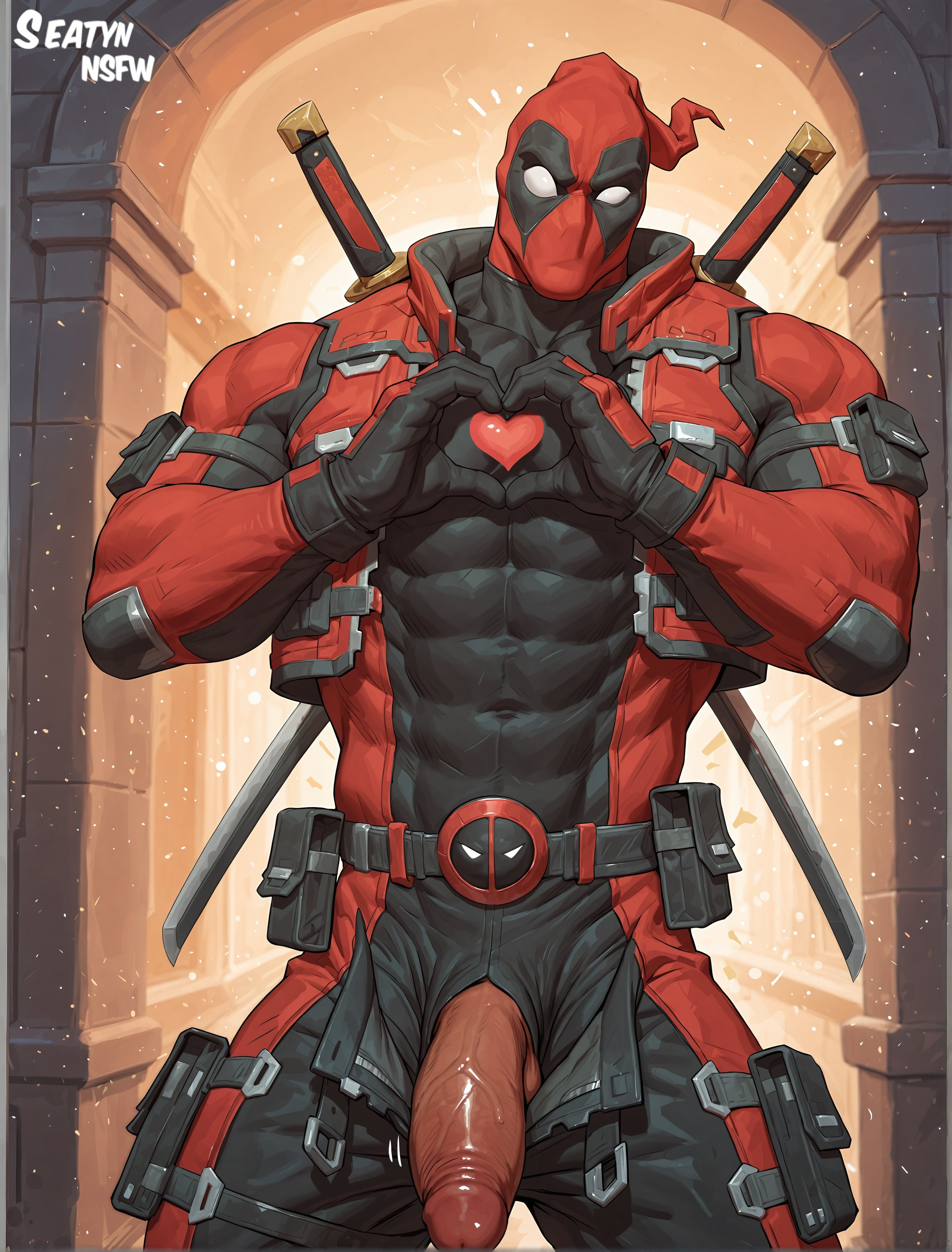 1boy, ai generated, big penis, clothed, clothing, deadpool, deadpool (marvel rivals), gay, male, male focus, male only, marvel, marvel rivals, mask, masked, masked male, penis, seatyn nsfw, solo, solo focus, solo male, yaoi
