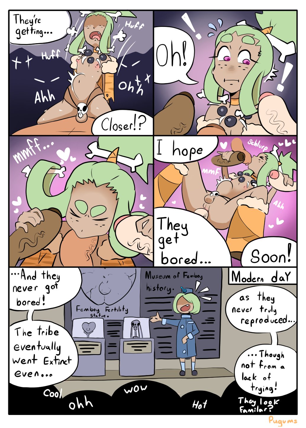 anal, anal insertion, anal sex, anus, ass, ass grab, balls, belly bulge, belly button, blowjob, bone, bone hair ornament, cave, caveman, chastity cage, chastity device, chocolate and vanilla, color, comic, dark skin, dark-skinned femboy, dark-skinned male, dark-skinned sissy, dark-skinned sub, dark-skinned twink, dialogue, fellatio, femboy, femboysub, gangbang, gangrape, gay, gay sex, green hair, hair ornament, hair tie, large penis, larger male, light skin, light-skinned male, multiple boys, multiple males, museum, navel, nipples, oc, original character, penis, penis in ass, pink eyes, pugums, raped male, sex, smaller male, speech bubble, yaoi