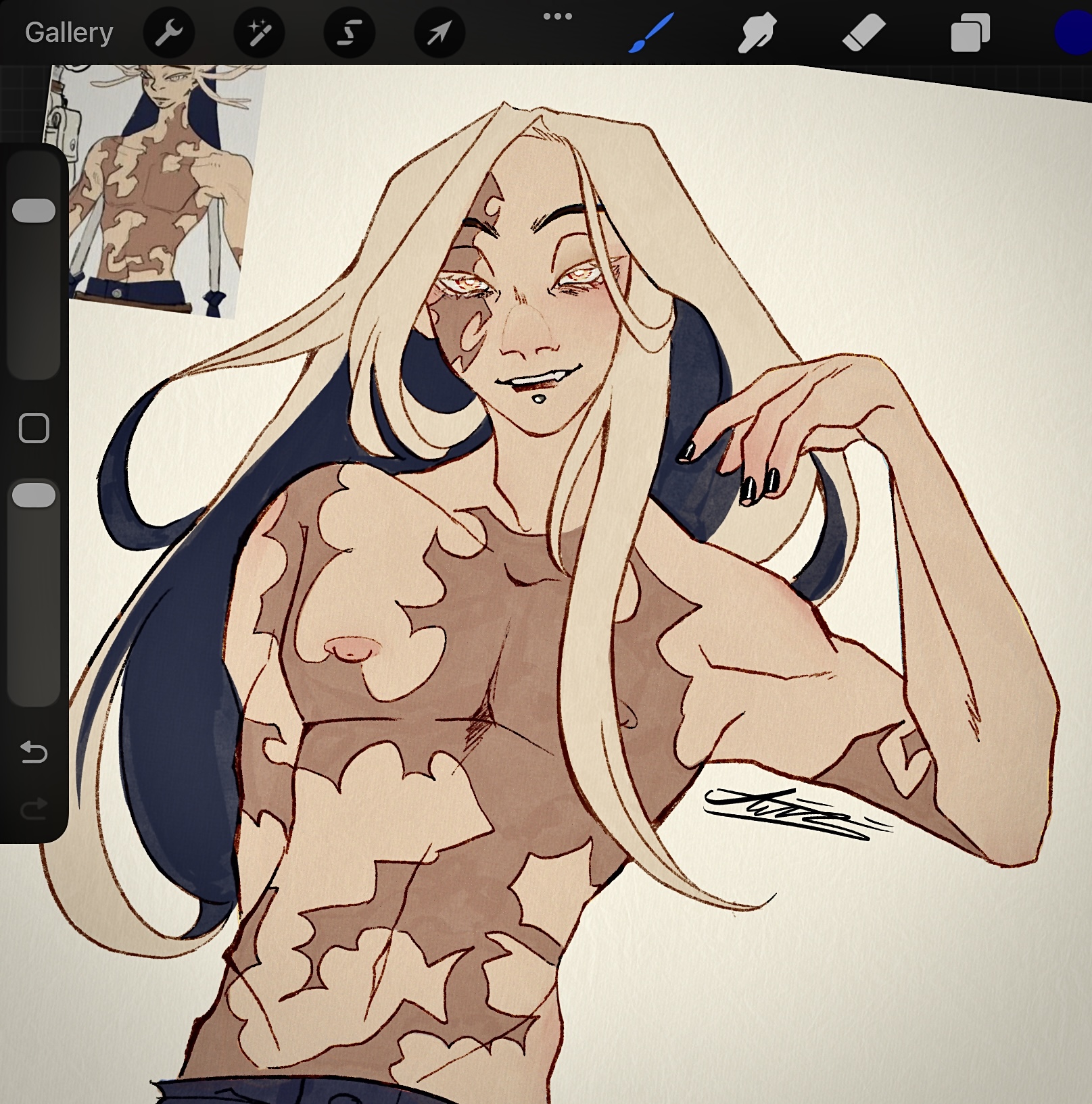 allknowingaxolotl, anime, feminine male, gachiakuta, long hair, male, male only, manga, nails painted, narrowed eyes, nipples, partially clothed, piercing, scar, scars, scars all over, sketch, skinny male, slim male, slim waist, solo male, suggestive, suggestive look, tamsy caines, two-tone hair, upper body