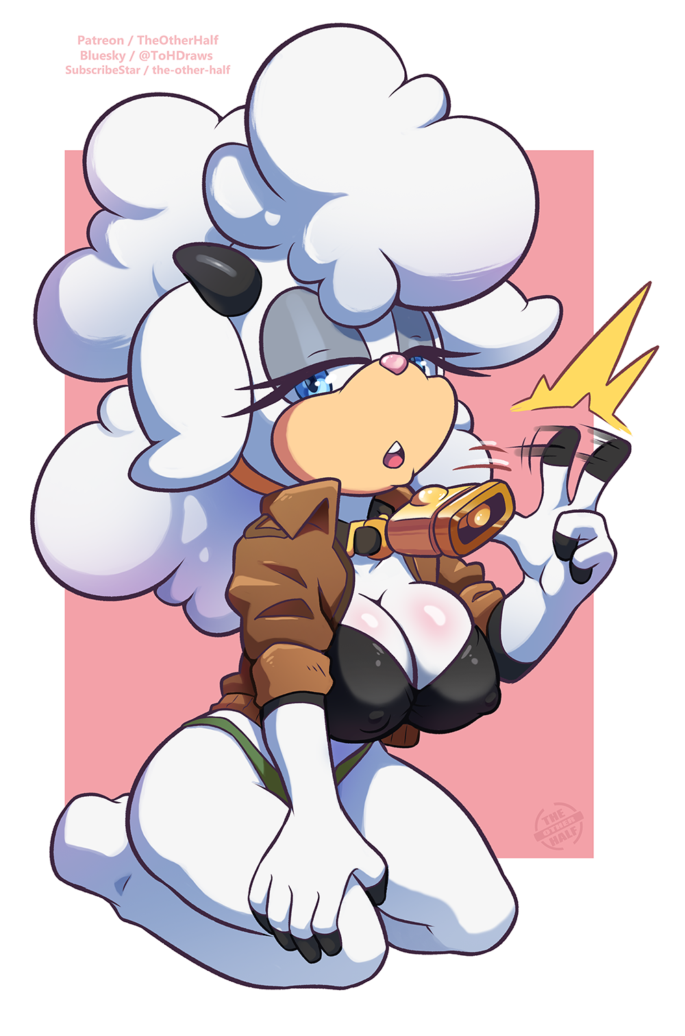 2d, 2d (artwork), 2d artwork, bell, blue eyes, breasts, clothed, clothed female, clothing, green panties, jacket, kneeling, lanolin the sheep, nipples, nipples visible through clothing, panties, sega, solo, sonic (series), sonic the hedgehog (comics), sonic the hedgehog (idw), sonic the hedgehog (series), the other half, video game character, video games, white body, white fur, white hair, white skin
