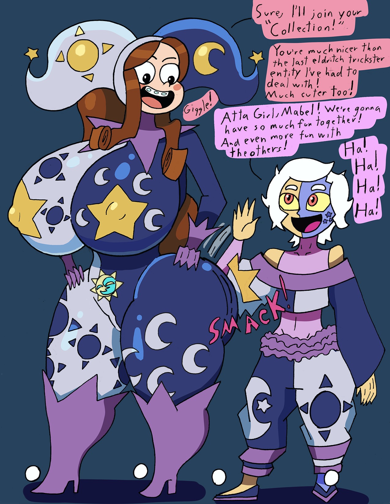 aged up, big ass, big breasts, blue skin, braces, brown eyes, brown hair, comic, crossover, dialogue, emblem, freckles, freckles on face, gooeyblob, gravity falls, happy, high heeled boots, high heels, jester cap, jester outfit, long gloves, long hair, mabel pines, male, moon, ponytail, pubic tattoo, red eyes, short male, skin tight, skin tight outfit, spanking, speech bubble, star, sun, taller female, tattoo, the collector (the owl house), the owl house, thick thighs, white hair, yellow skin