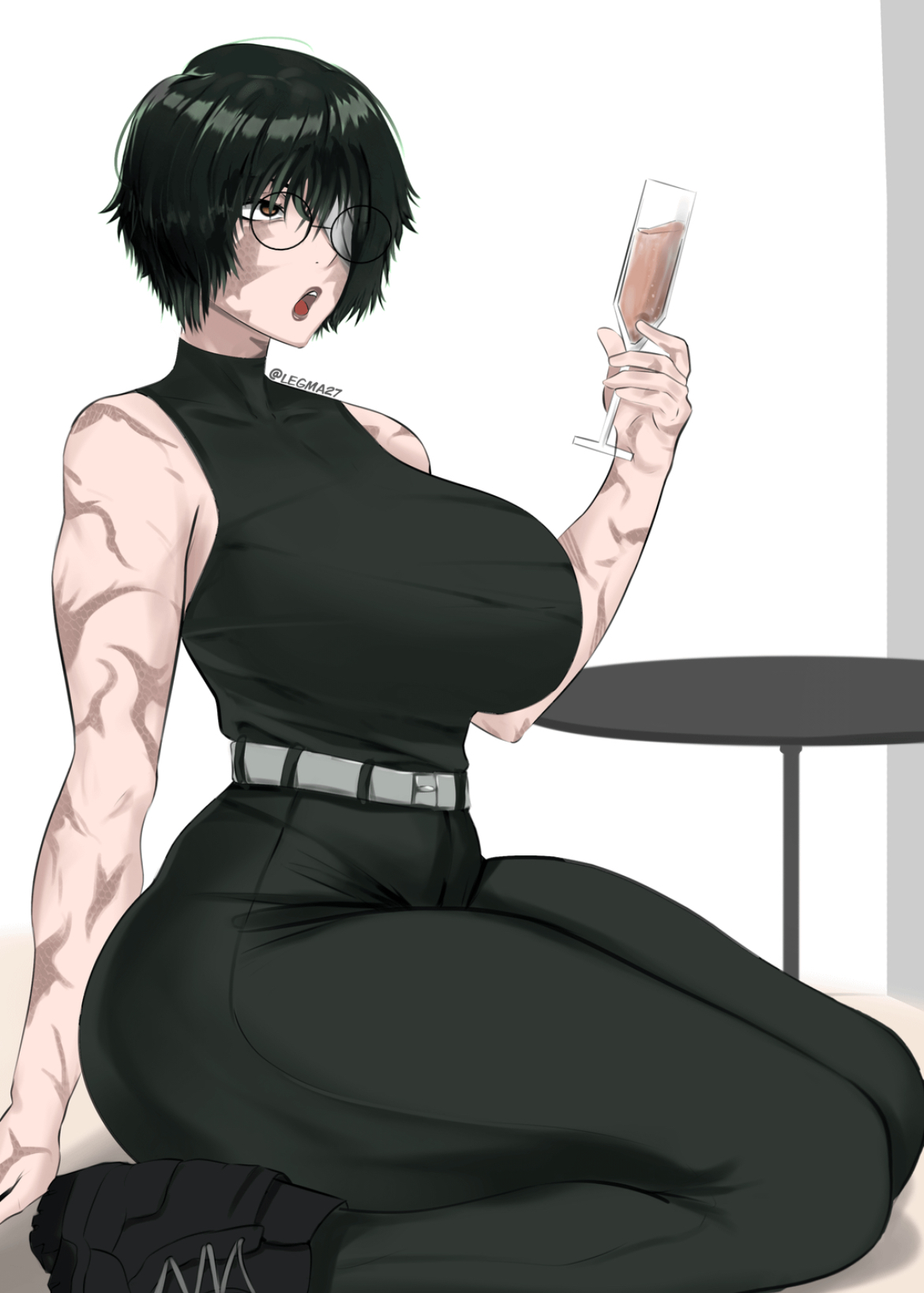 breasts, breasts bigger than head, busty, busty female, curvy, curvy figure, cute, cute face, female, female focus, female only, fully clothed, glasses, green hair, hips, hourglass figure, jujutsu kaisen, legma, legma27, oppai, scars, scars all over, scars on arm, scars on face, sexy, sexy body, solo, solo female, solo focus, thick, thick legs, thick thighs, thighs bigger than head, tiny waist, zenin maki