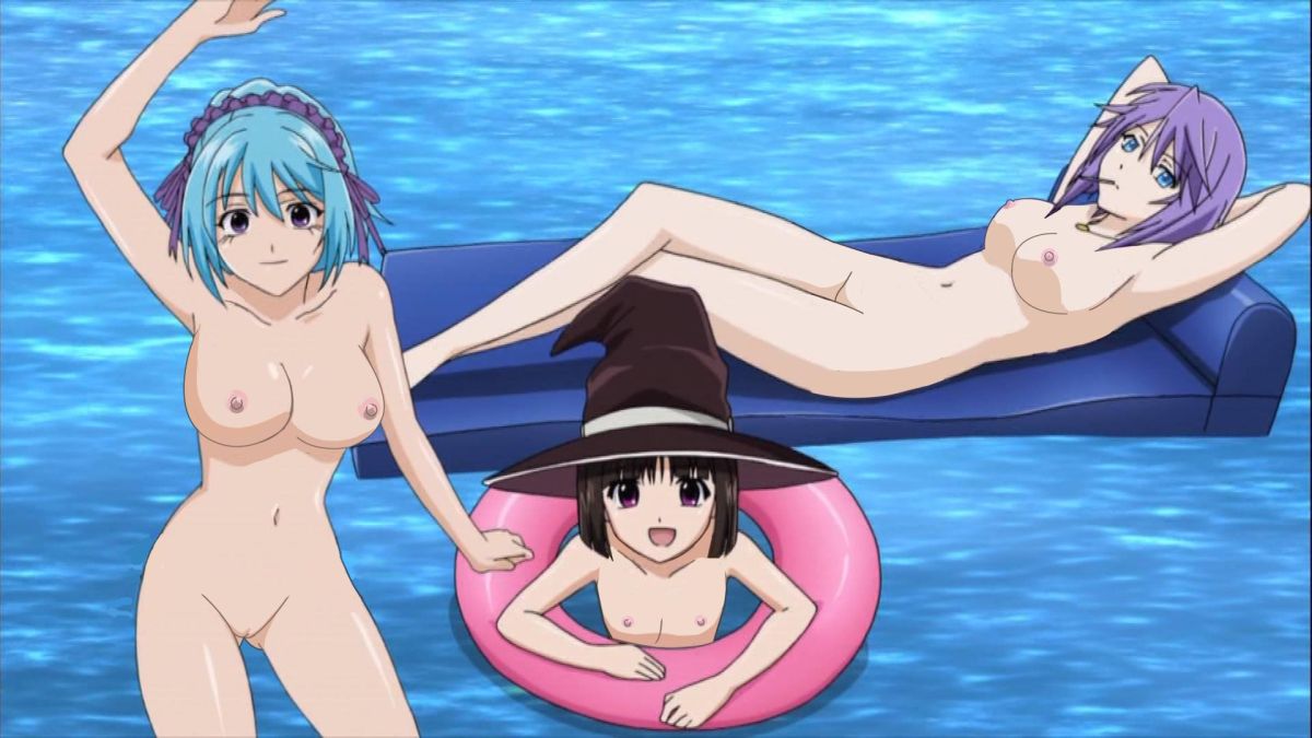 blue_eyes blue_hair breasts brown_hair demon_girl flat_chest hairband inflatable_raft kurono_kurumu large_breasts lollipop neckles nipples nude nude_filter outdoors outside pool pool_float purple_eyes purple_hair pussy rosario+vampire sendo_yukari shiny_skin shirayuki_mizore succubus water wizard_hat