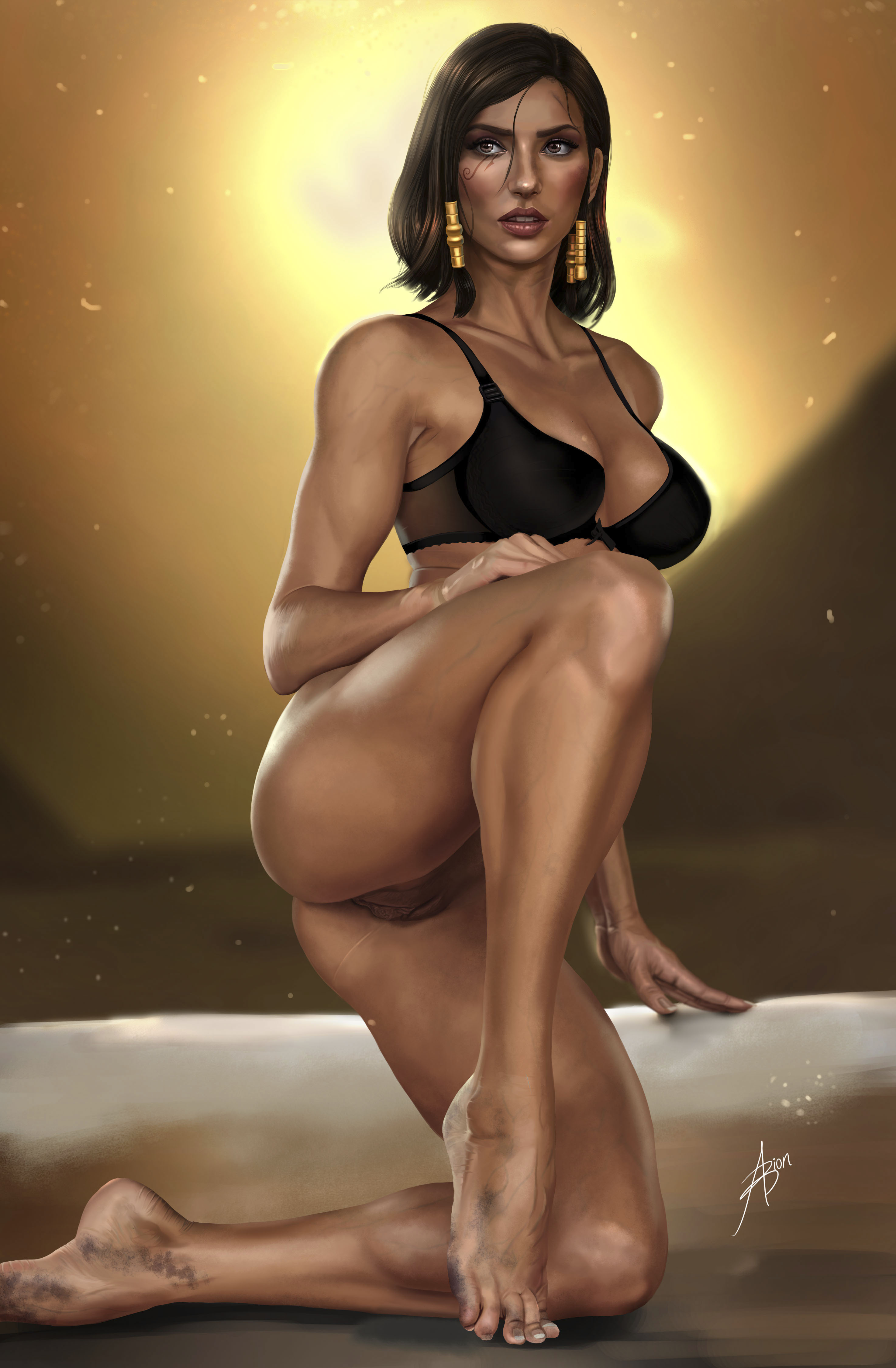 arion69, barefoot, black bra, bottomless, bra, brown eyes, brown hair, dark skin, dark-skinned female, dirty, dirty feet, egyptian, feet, female, functionally nude, on knees, overwatch, pharah, pose, posing, pussy, solo, solo female, tiptoes, toes, vagina
