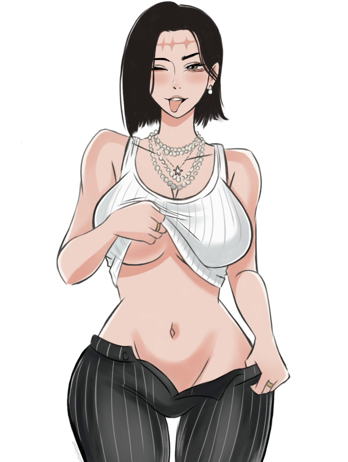 big breasts, big thighs, black hair, breast, breast peek, charlesart, curvy, curvy figure, cute, cute face, female, female focus, female only, hips wider than shoulders, hourglass figure, itadori kaori, jujutsu kaisen, kenjaku, pale skin, pale-skinned female, pulling down pants, pulling up shirt, pussy peek, scars on face, sexy, sexy body, shirt lift, shirt up, solo, solo female, solo focus, thigh gap, tongue out, v line, wink